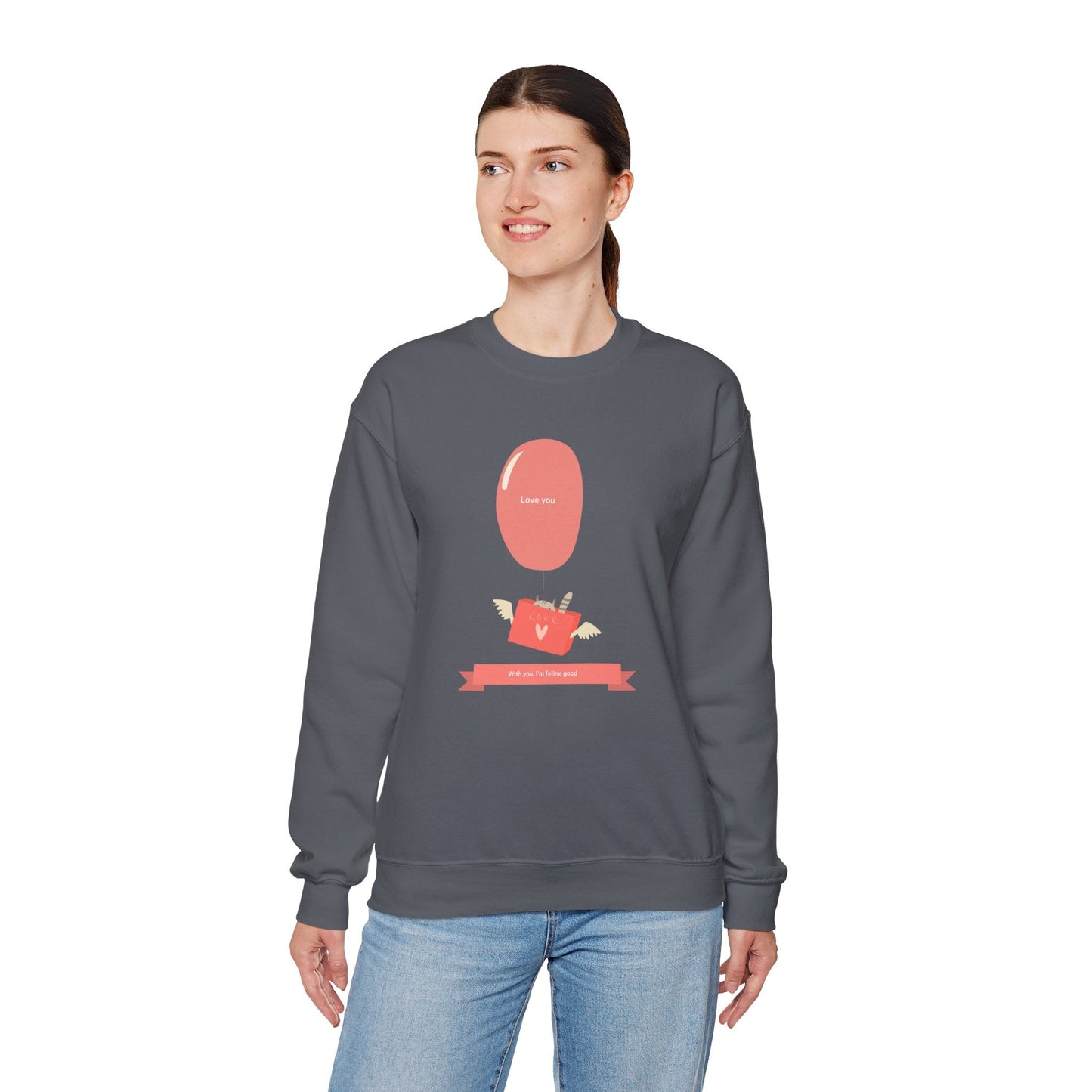 Cat Love Balloon Sweatshirt Unisex Fifty Fifty Cotton Poly Valentine Heavy Blend Crewneck Sweatshirt