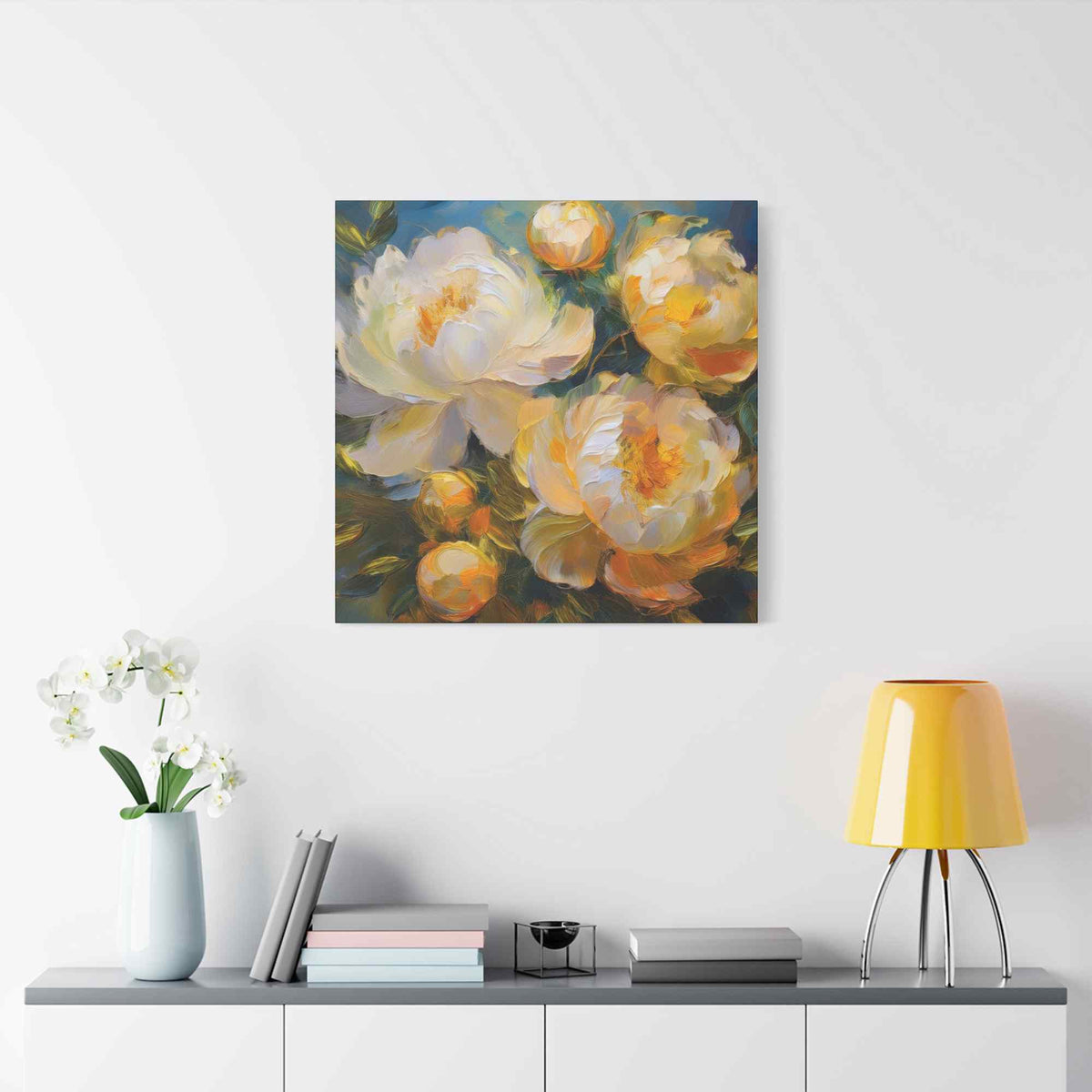 Cream Peonies Print Canvas, Floral Oil Paint Print 20x20, 24x24, 30x30, 32x32, 36x36 Art Design Pine-Wood Inner Frame MC-125