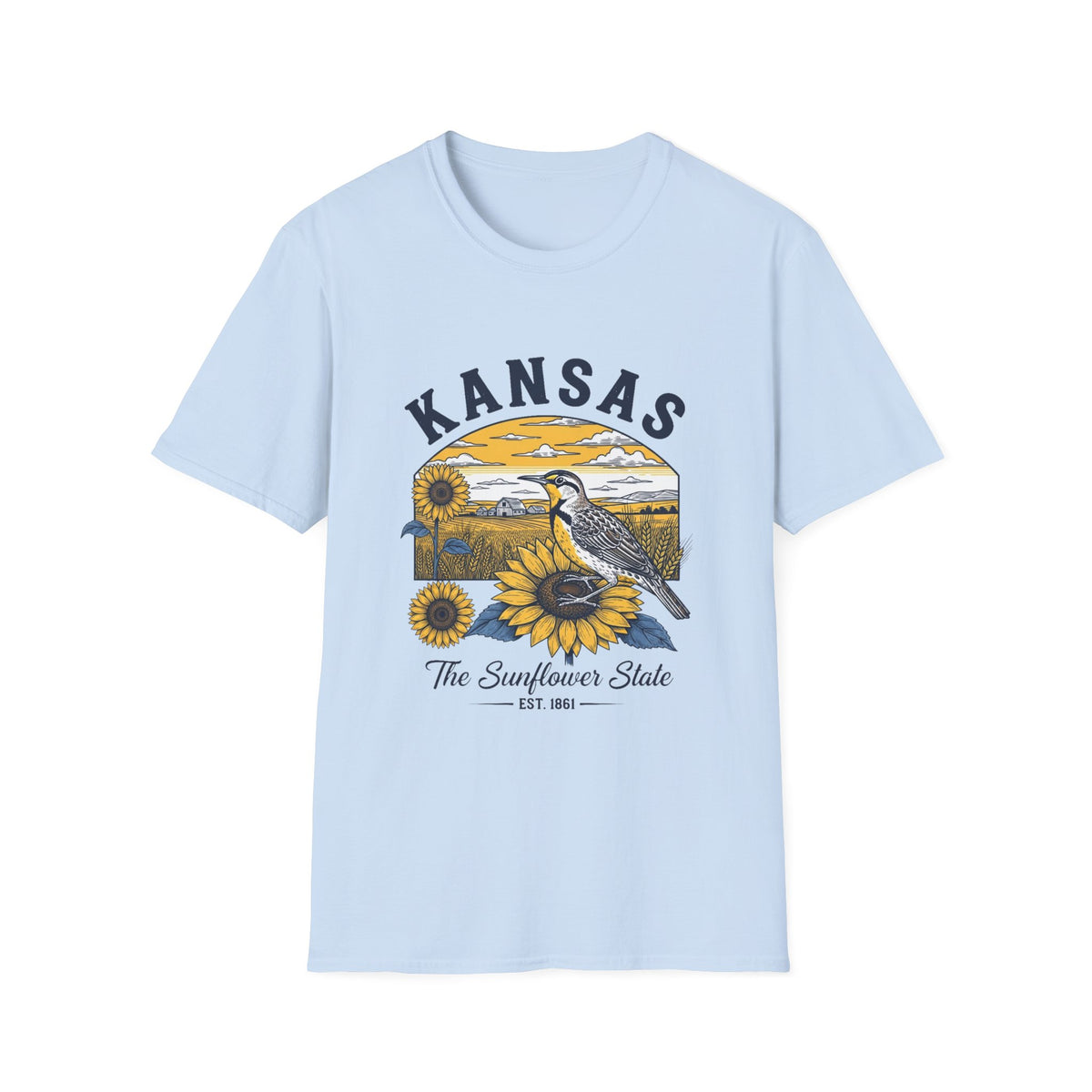Kansas Sunflower State T-Shirt — Meadowlark Sunflowers Travel Tourist Graphic Design Unisex 100 Cotton Gildan T-Shirt