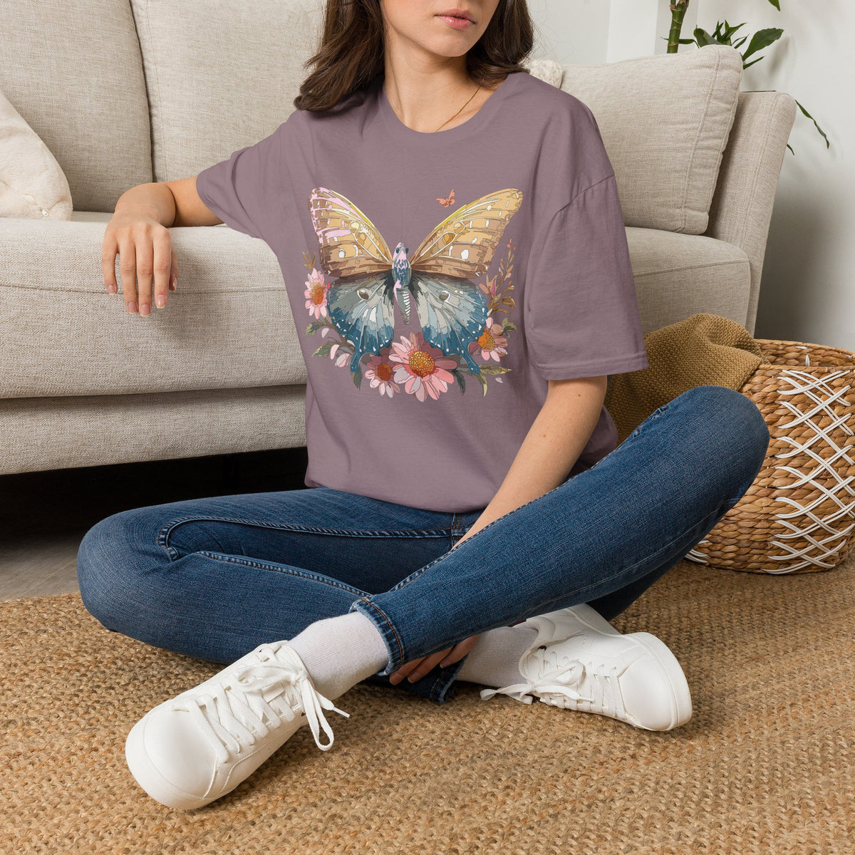Butterfly Floral T-Shirt – Colorful Nature-Inspired Botanical Gift Graphic Design Unisex 100 Cotton Gildan T-Shirt