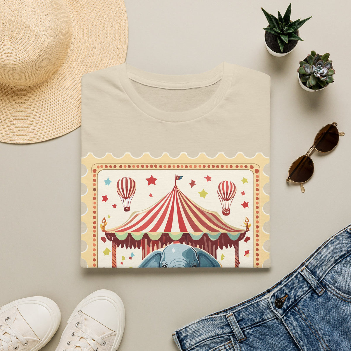 Vintage Circus Elephant T-Shirt | Carnival Tent, Hot Air Balloons Graphic Tee Unisex 100 Cotton Gildan T-Shirt