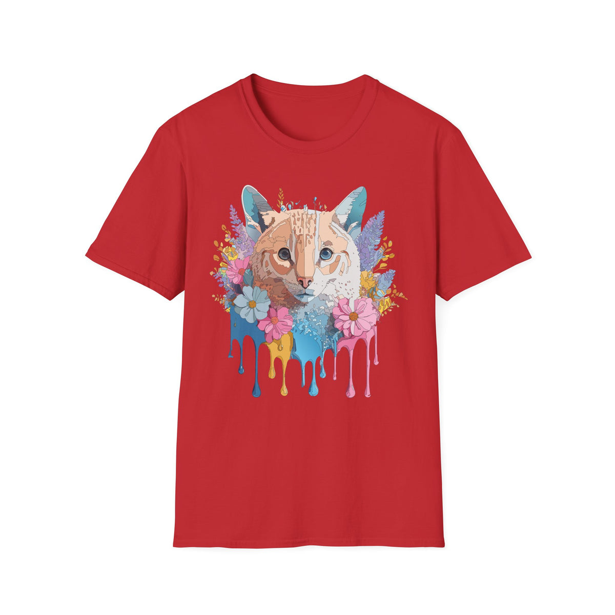 Watercolor Cat Face T-Shirt | Floral Drip Art, Colorful Kitty Tee