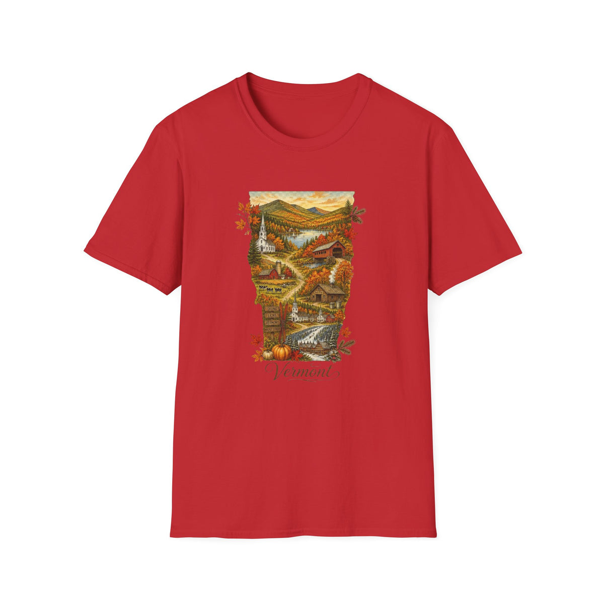 Vermont Fall Scenic T‑Shirt — Autumn Maple Leaves Landscape Travel Tourist Graphic Design Unisex 100 Cotton Gildan T-Shirt