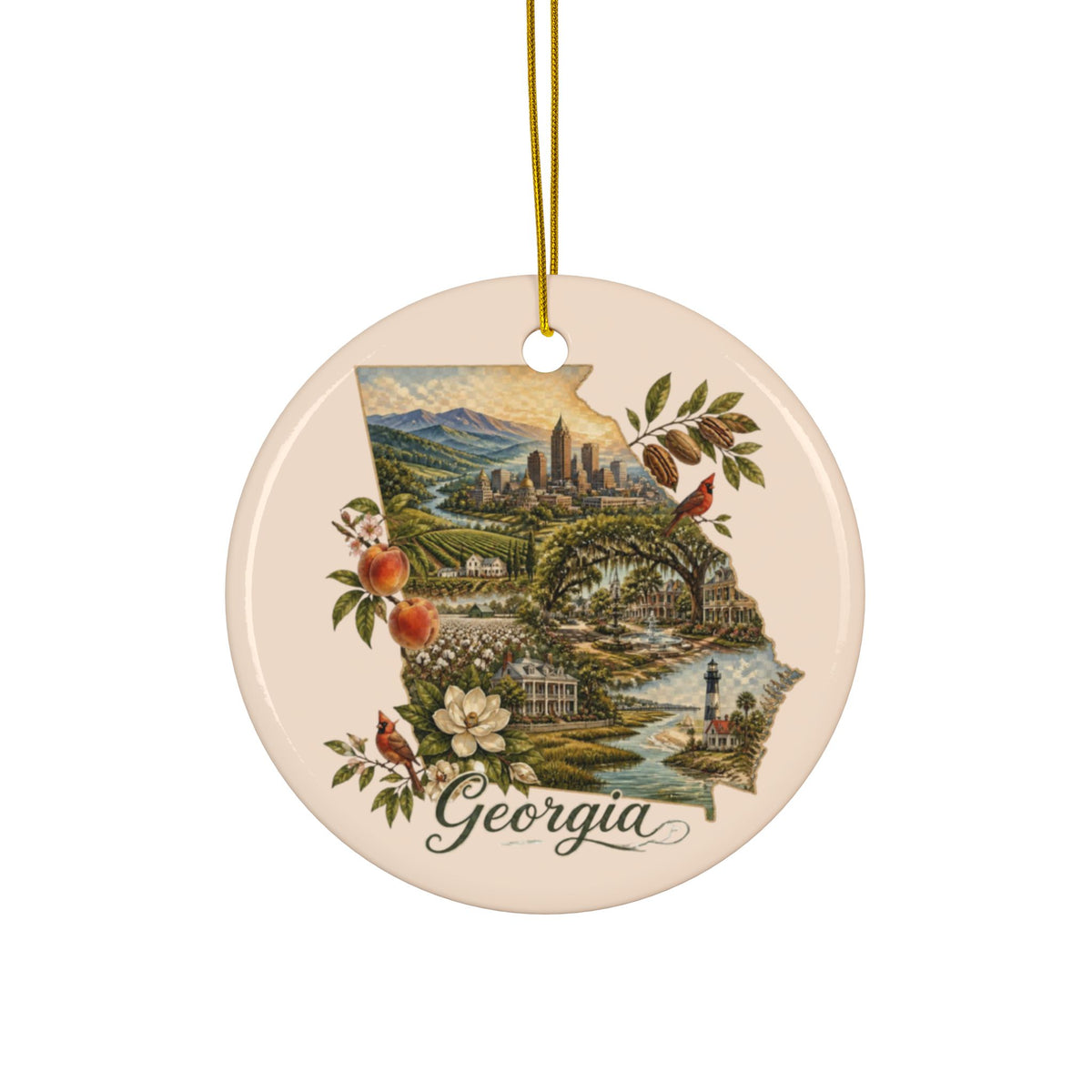 Georgia State Collage Ceramic Ornament | Round 2-Side Printed Ornament - 2.99" Includes Gold String