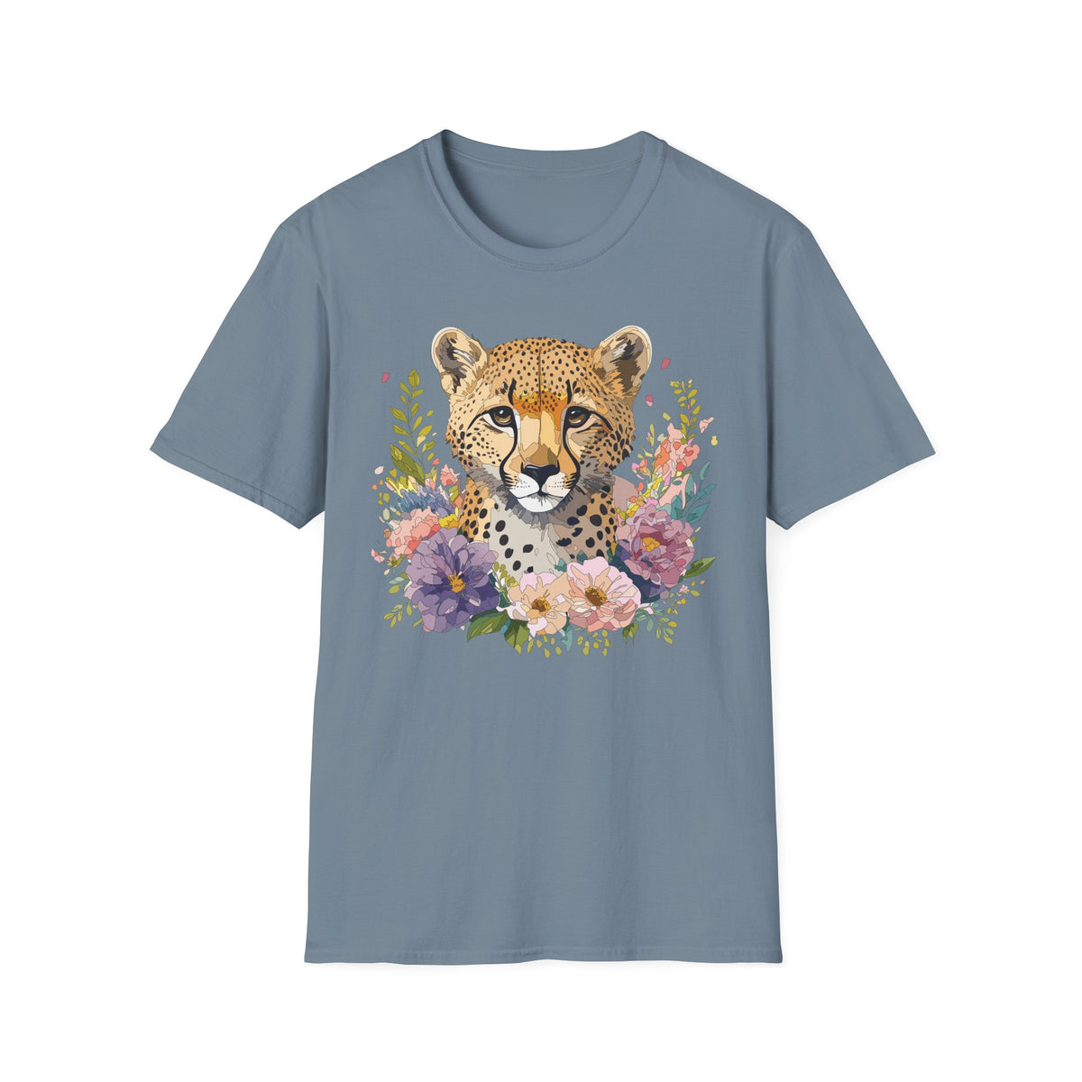 Floral Cheetah Face T-Shirt | Leopard Portrait Tee, Botanical Illustration