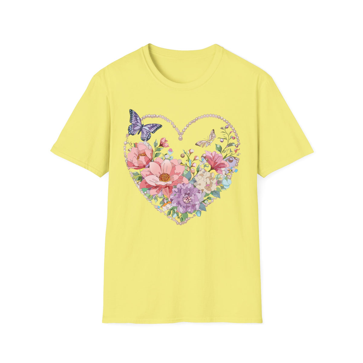 Floral Heart with Butterflies T-Shirt | Romantic Spring Garden Graphic Tee Unisex 100 Cotton Gildan T-Shirt