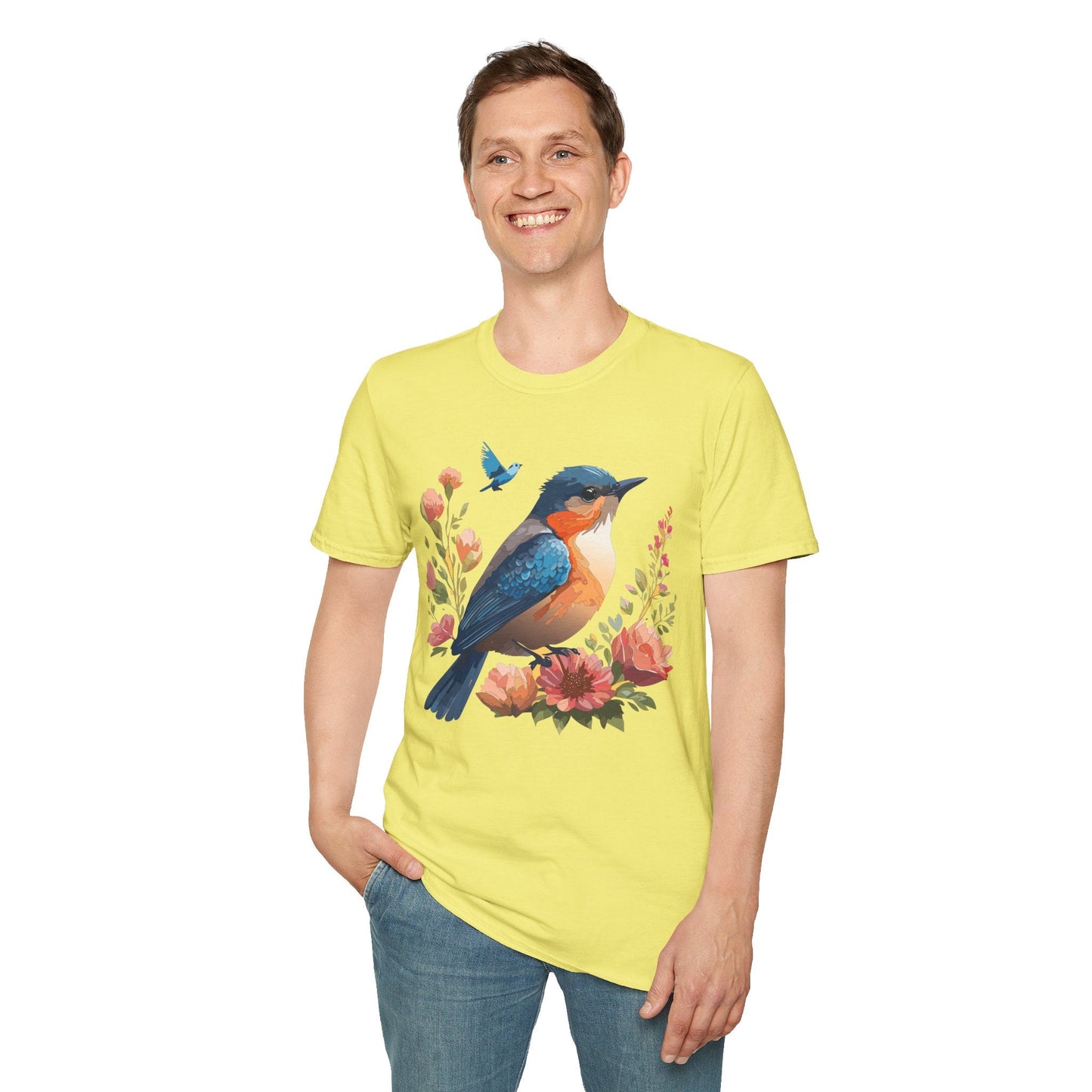 Unisex Floral Bird T Shirt Softstyle 64000 Gildan Ring Spun Cotton Tee Relaxed Fit