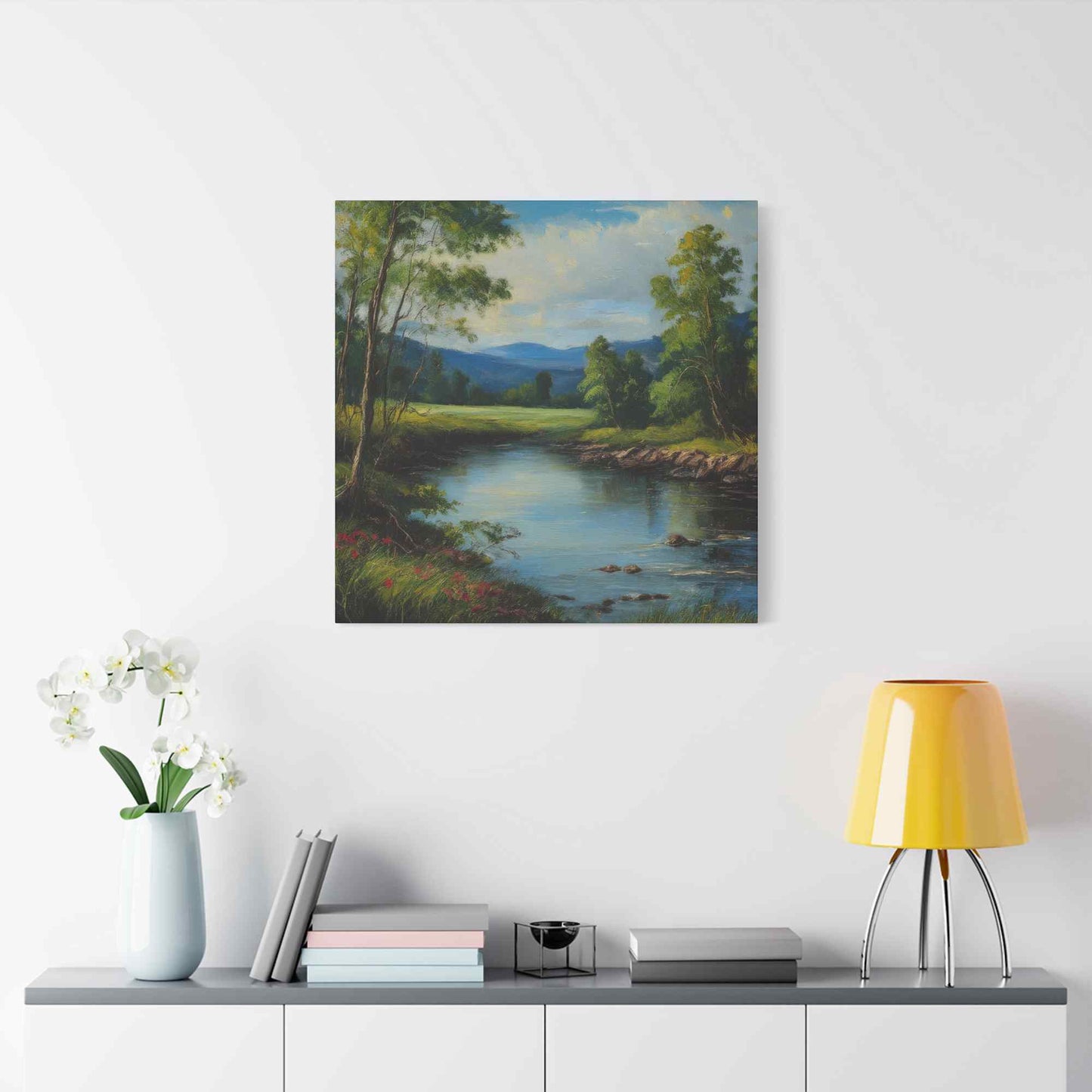 River Print Canvas, Landscape Oil Paint Print 20x20, 24x24, 30x30, 32x32, 36x36 Art Design Print Pine-Wood Inner Frame MC-53