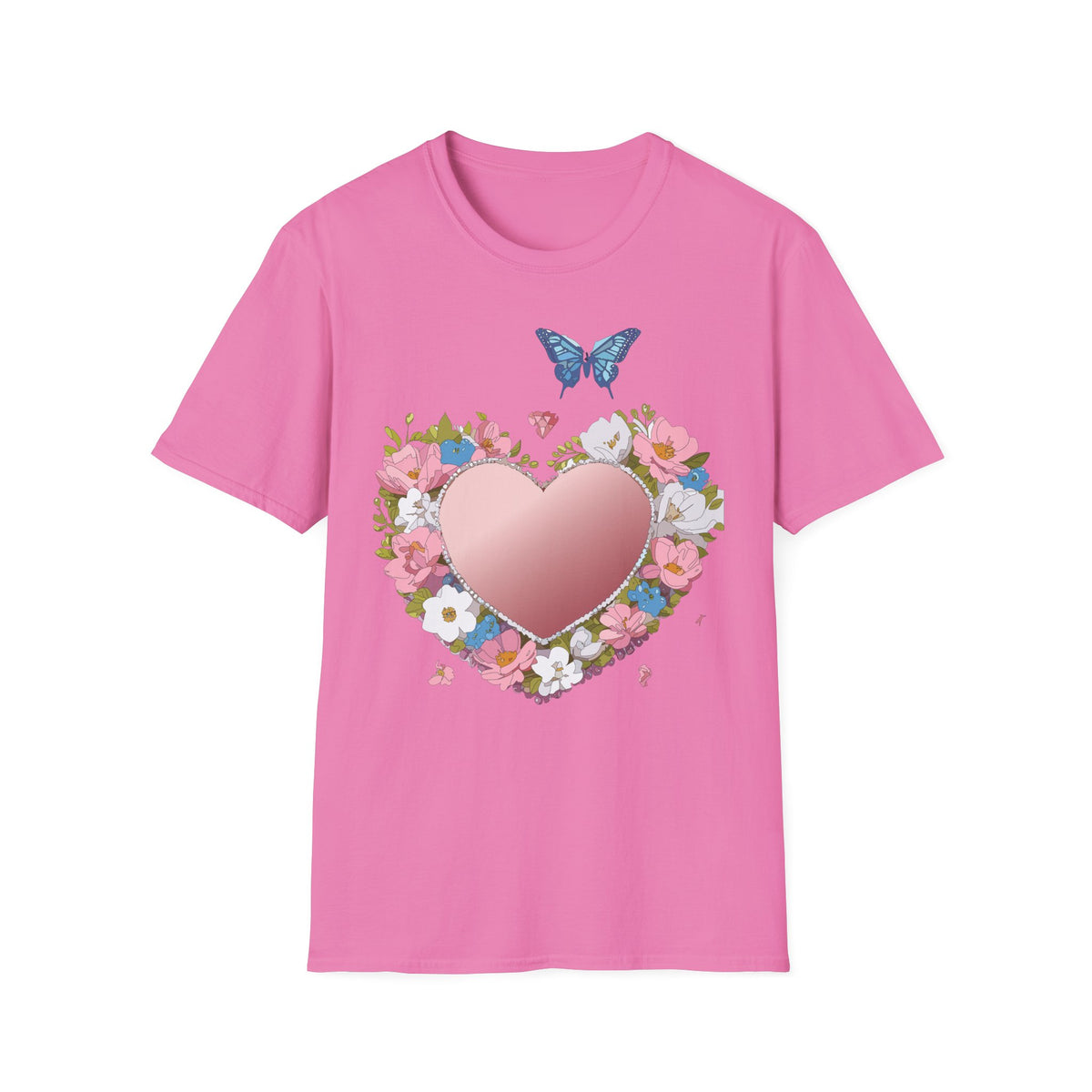 Floral Heart with Blue Butterfly T-Shirt | Pink Heart Floral Graphic Tee Unisex 100 Cotton Gildan T-Shirt