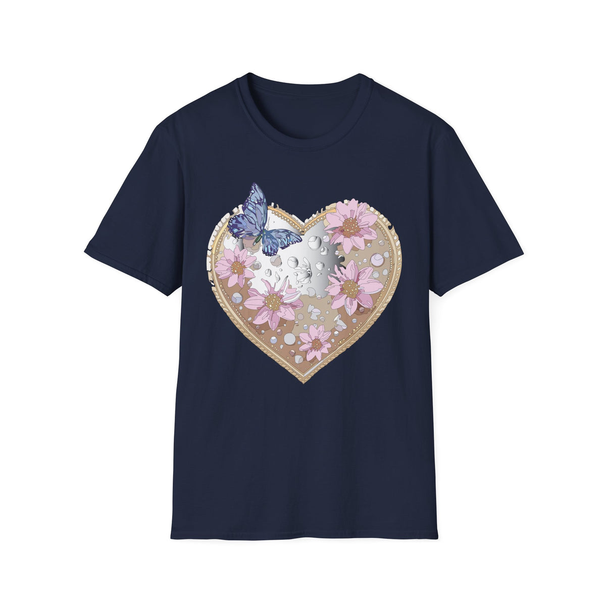 Floral Heart with Butterfly T-Shirt | Pink Flowers, Moon Phases Graphic Tee Unisex 100 Cotton Gildan T-Shirt