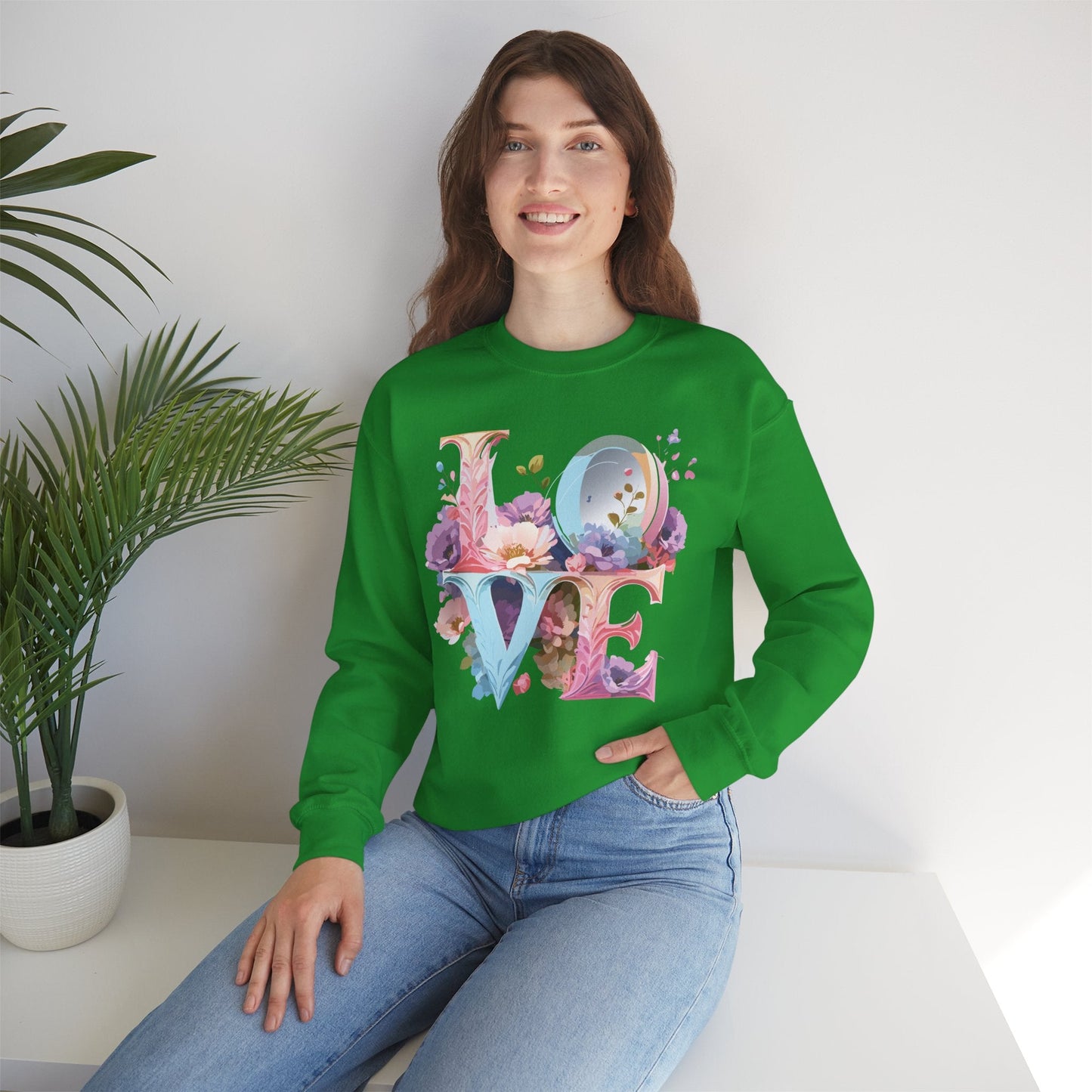 Floral Love Sweatshirt Unisex Crewneck Fifty Fifty Cotton Polyester Valentine Gift