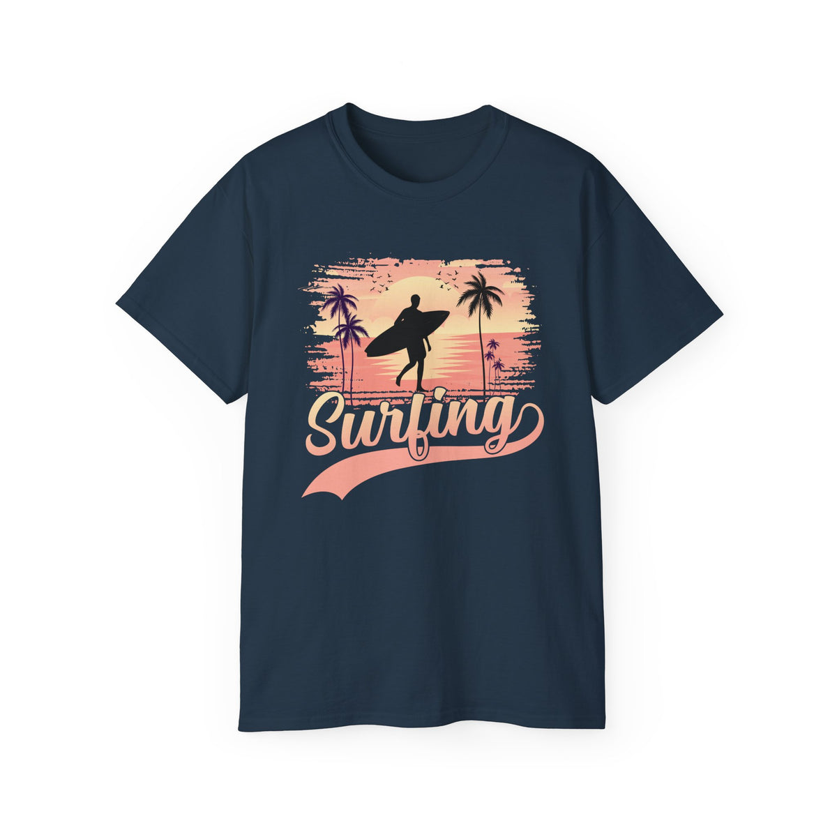 Surfing Silhouette Sunset T-Shirt | Palm Trees, Retro Wave Graphic