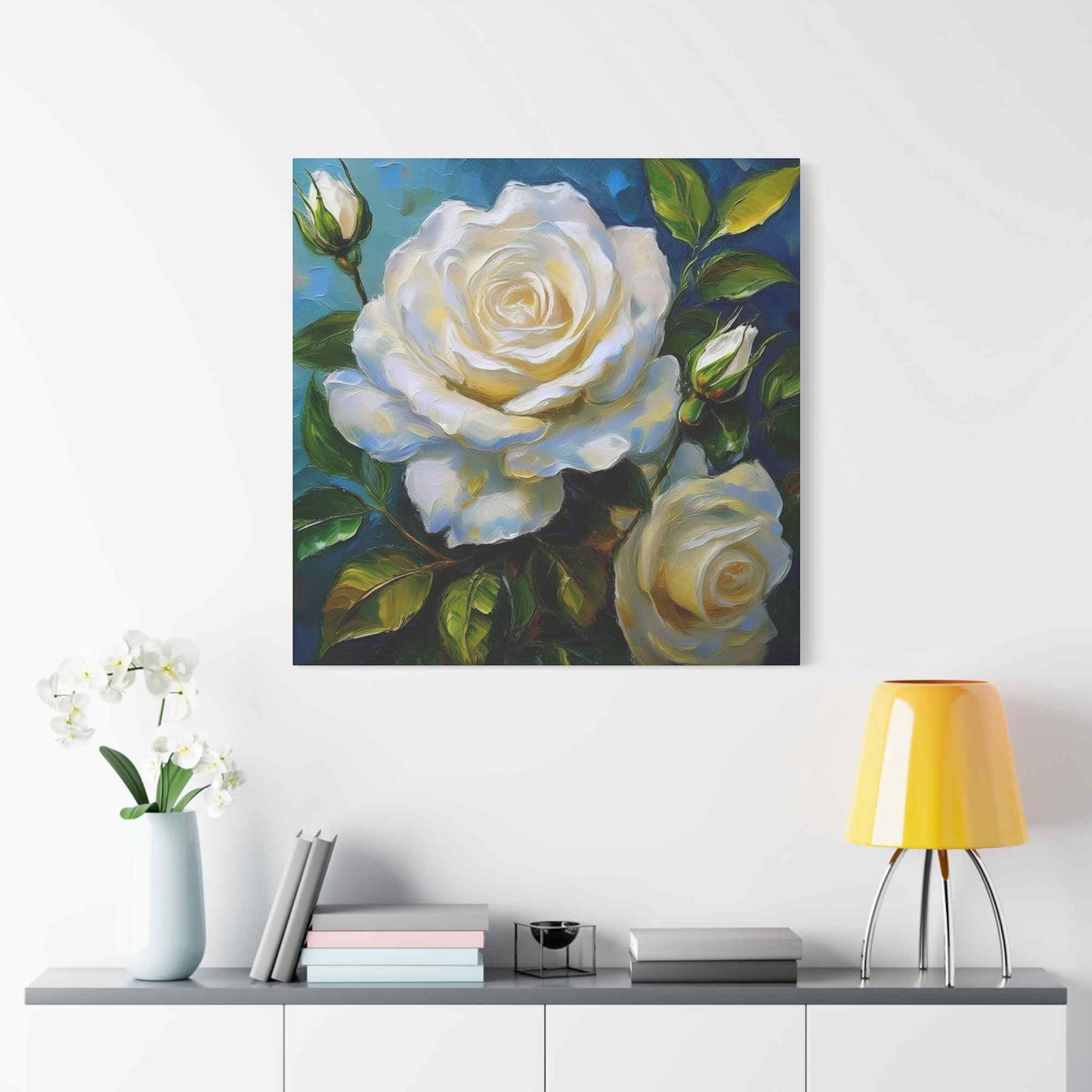 White Roses Print Canvas, Roses Oil Paint Print 20x20, 24x24, 30x30, 32x32, 36x36, Floral Art Design Print Non-Frame MC-19