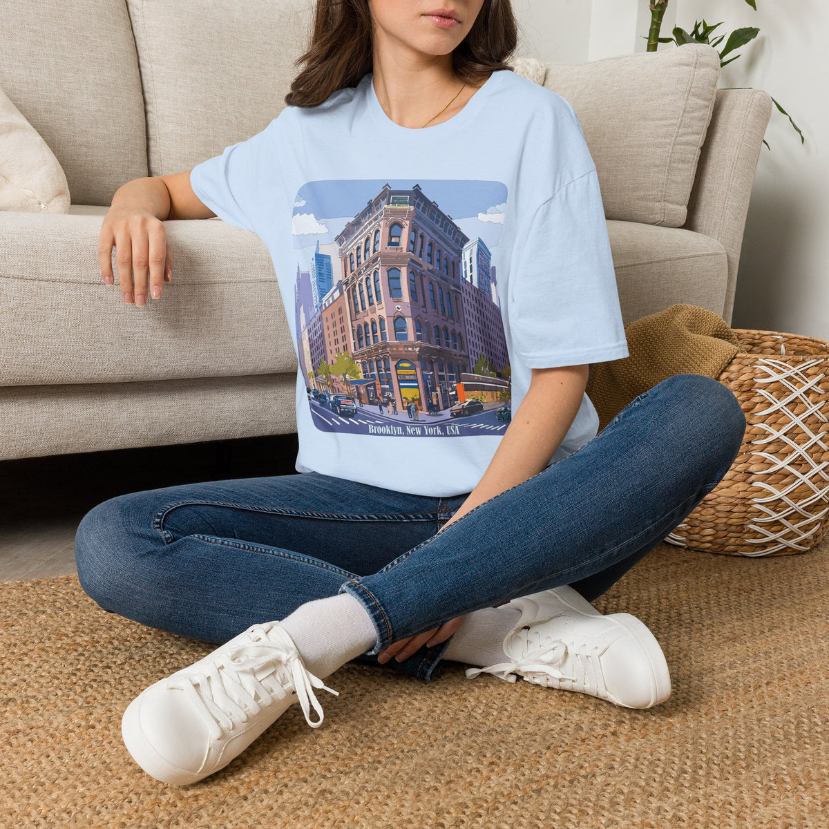 Brooklyn New York Retro Cityscape T-Shirt — Illustrated Landmark Tee Travel Tourist Graphic Design Unisex 100 Cotton Gildan T-Shirt