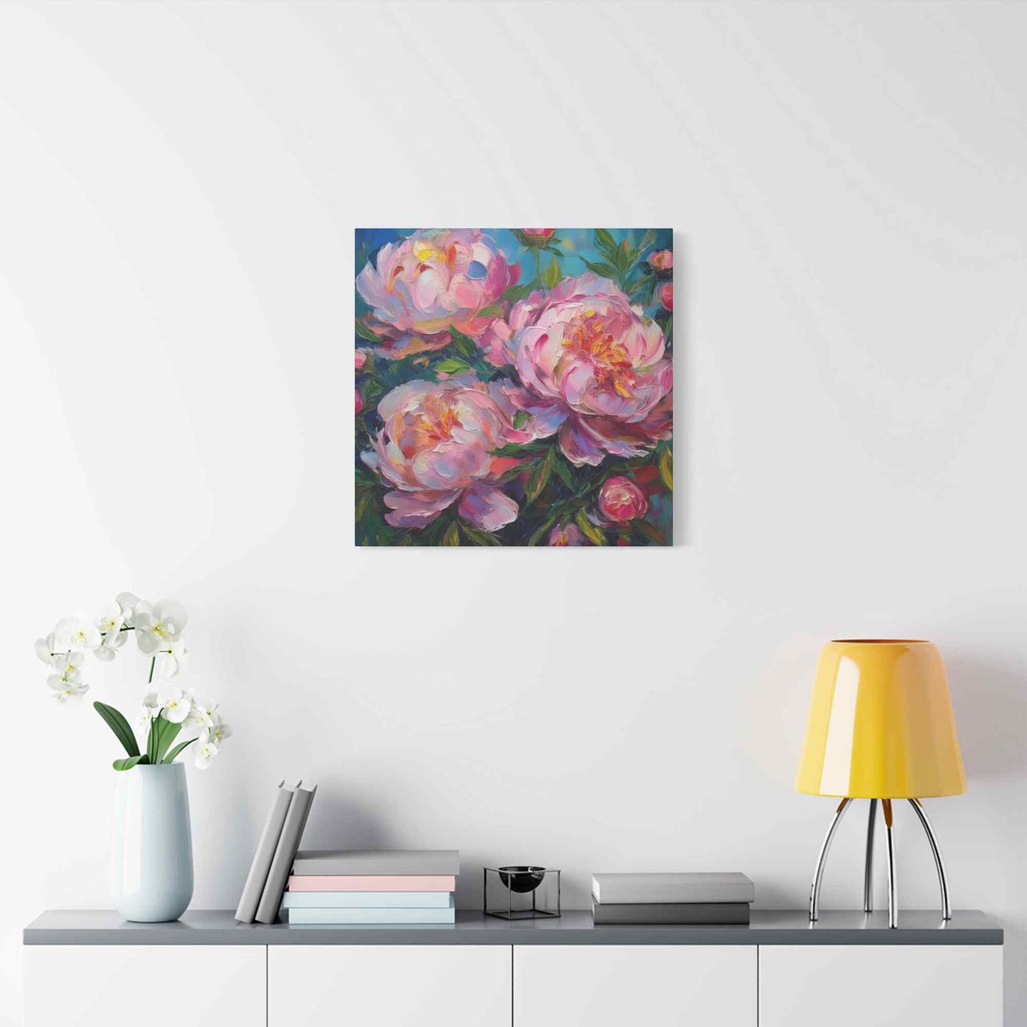 Pink Peonies Print Canvas, Floral Oil Paint Print 20x20, 24x24, 30x30, 32x32, 36x36 Art Design Pine-Wood Inner Frame MC-116