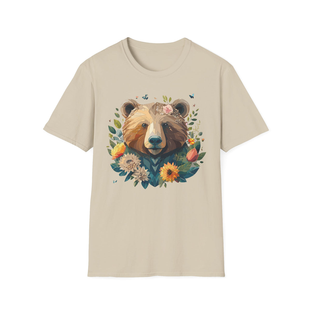 Floral Bear Illustration T-Shirt | Bear Face with Flowers