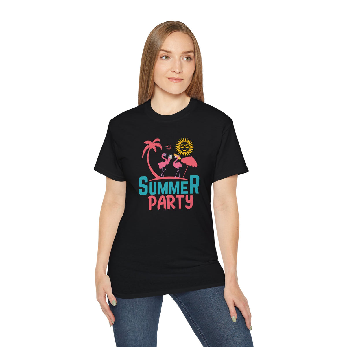 Summer Party Flamingo Tee | Tropical Palms Sun Retro Graphic
