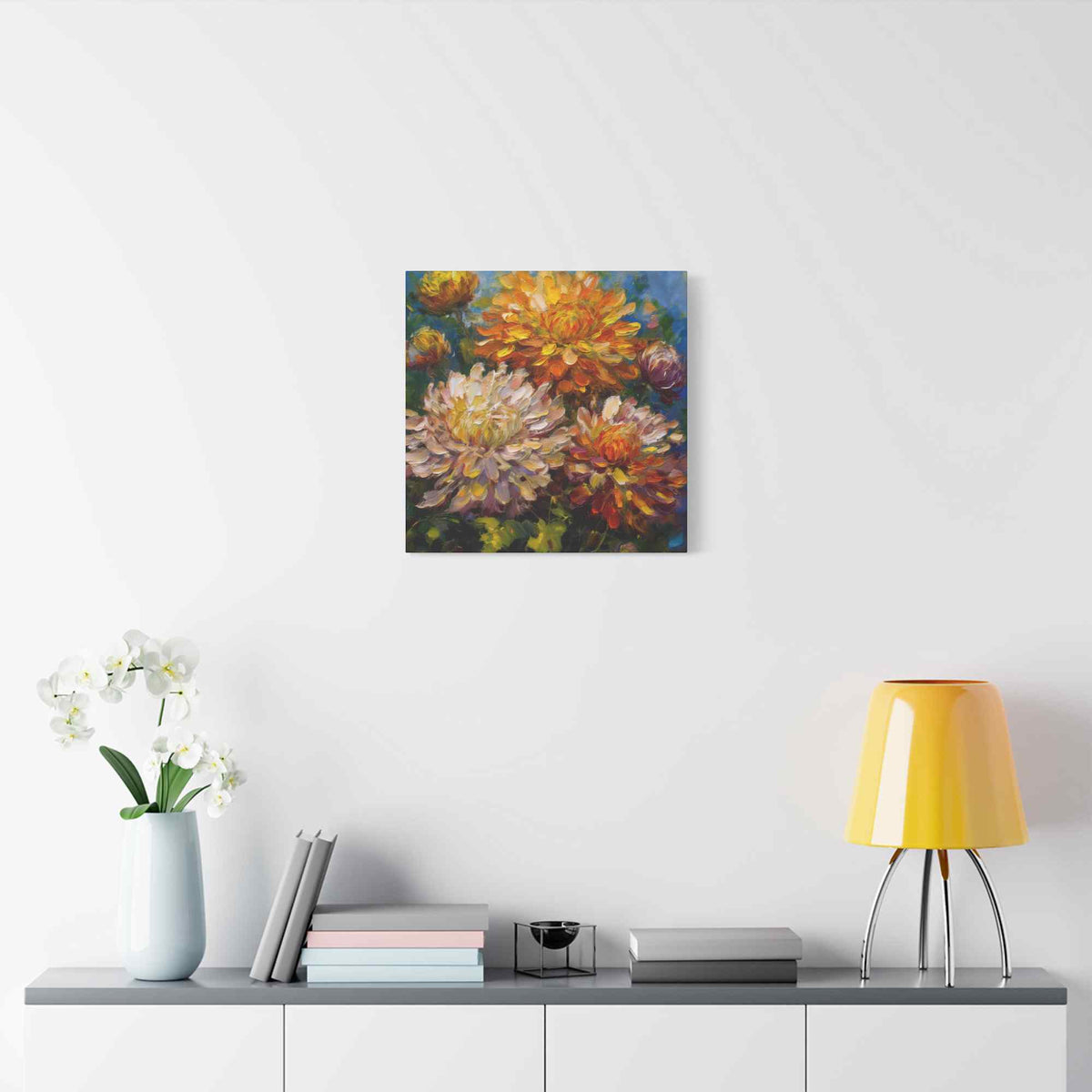 Chrysanthemums Print Canvas, Floral Oil Paint Print 20x20, 24x24, 30x30, 32x32, 36x36 Art Design Pine-Wood Inner Frame MC-156