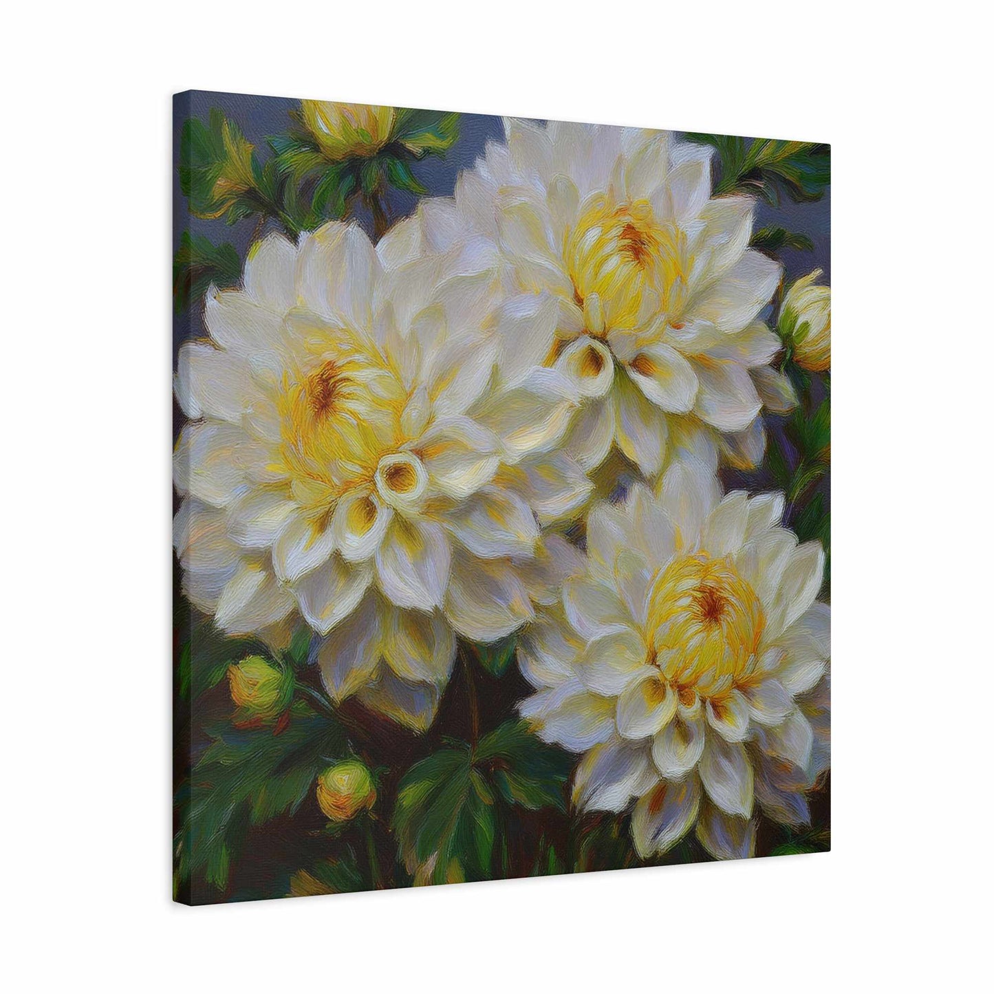 White Dahlias Print Canvas, Floral Oil Paint Print 20x20, 24x24, 30x30, 32x32, 36x36 Art Design Pine-Wood Inner Frame MC-168