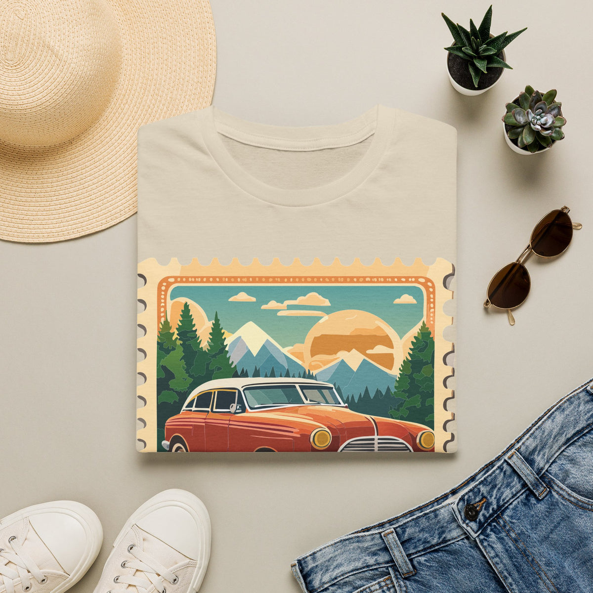 Vintage Road Trip Car T-Shirt | Retro Mountain Sunset Stamp Design