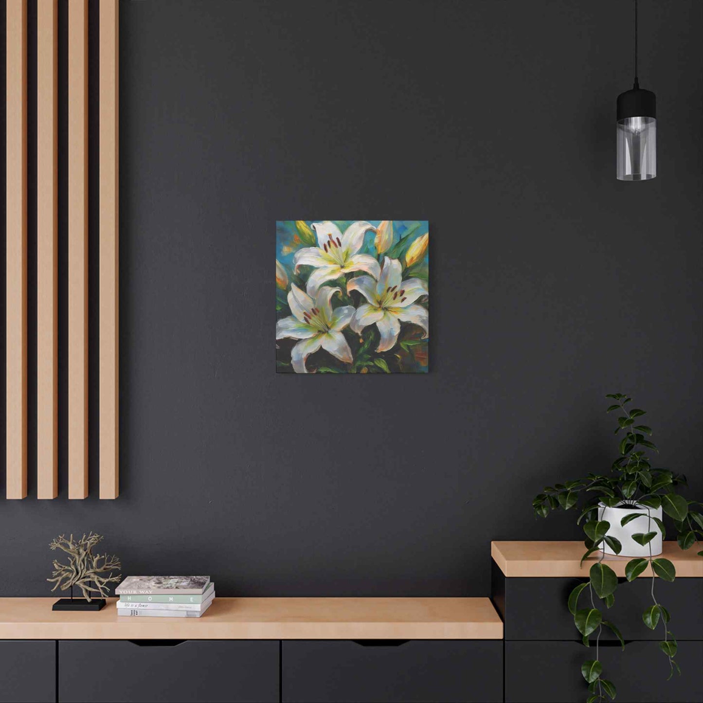 White Lilies Print Canvas, Floral Oil Paint Print 20x20, 24x24, 30x30, 32x32, 36x36 Art Design Pine-Wood Inner Frame MC-154