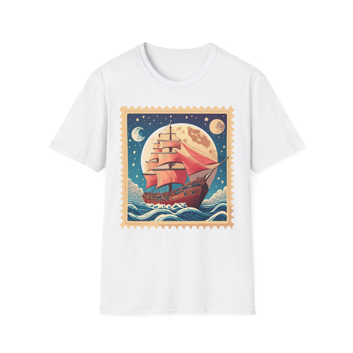Vintage Sailing Ship Stamp T-Shirt | Moonlit Ocean Illustration