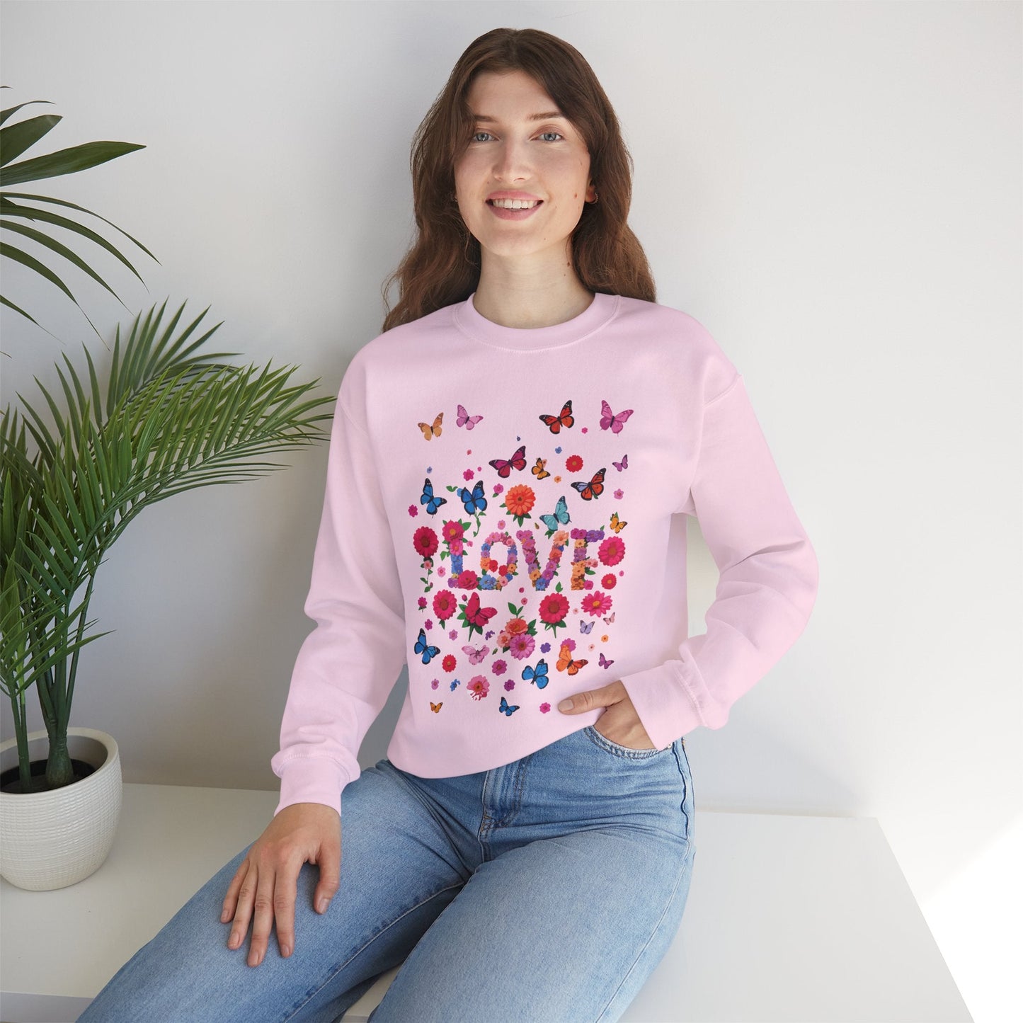 Unisex Floral Love Butterfly Sweatshirt Fifty Fifty Cotton Poly Valentine Day