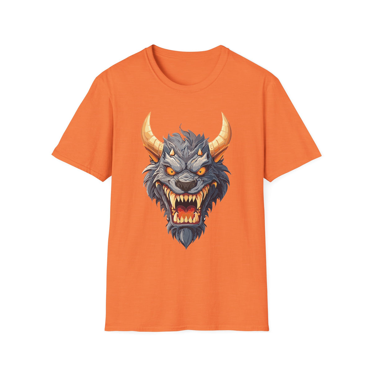 Demonic Beast Head T-Shirt — Horned Monster Cartoon Graphic Tee Unisex 100 Cotton Gildan T-Shirt