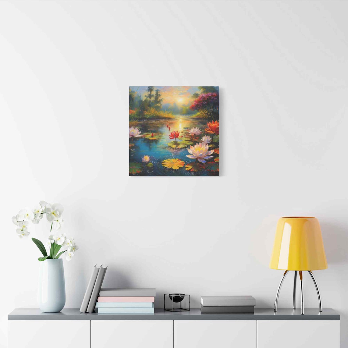Water Lilies Print Canvas, Oil Paint Print 20x20, 24x24, 30x30, 32x32, 36x36 Floral Art Print Pine-Wood Inner Frame MC-67