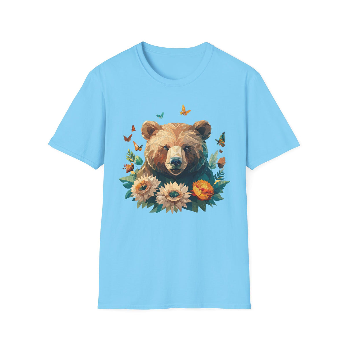 Floral Bear Illustration T-Shirt | Bear with Sunflowers and Butterflies