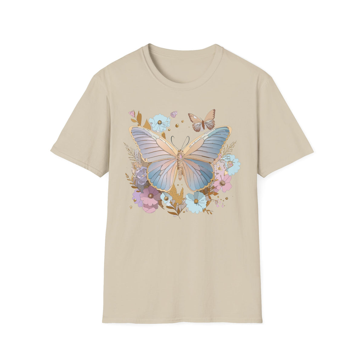 Butterfly Bloom T-Shirt — Pastel Floral Butterfly Graphic Design Unisex 100 Cotton Gildan T-Shirt