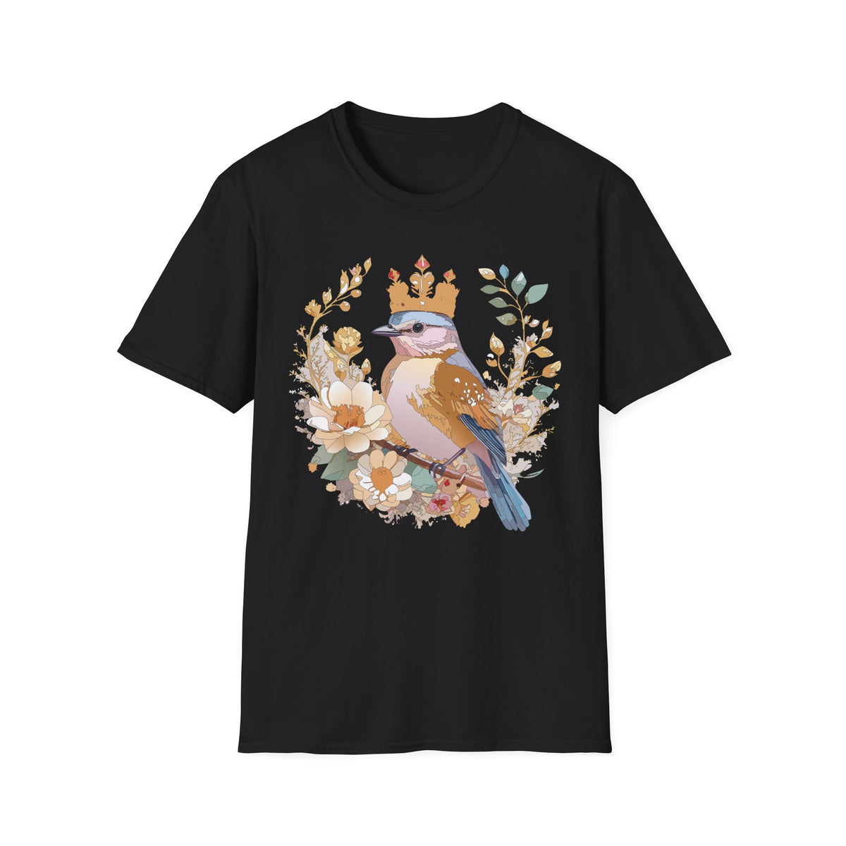 Crowned Blue Jay Bird Floral Illustration T-Shirt | Nature Bird Tee