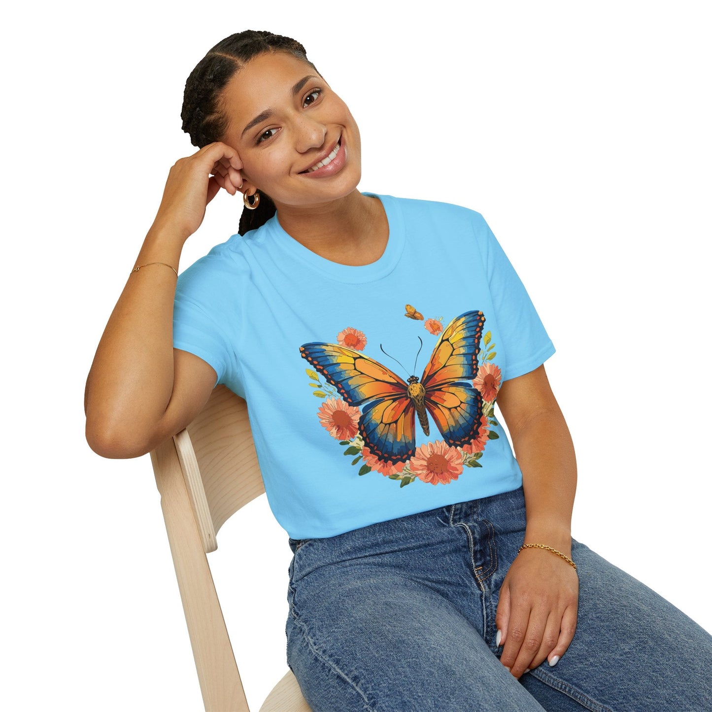 Butterfly T Shirt Unisex Softstyle Gildan 64000 Monarch Print 100 Percent Ring Spun Cotton