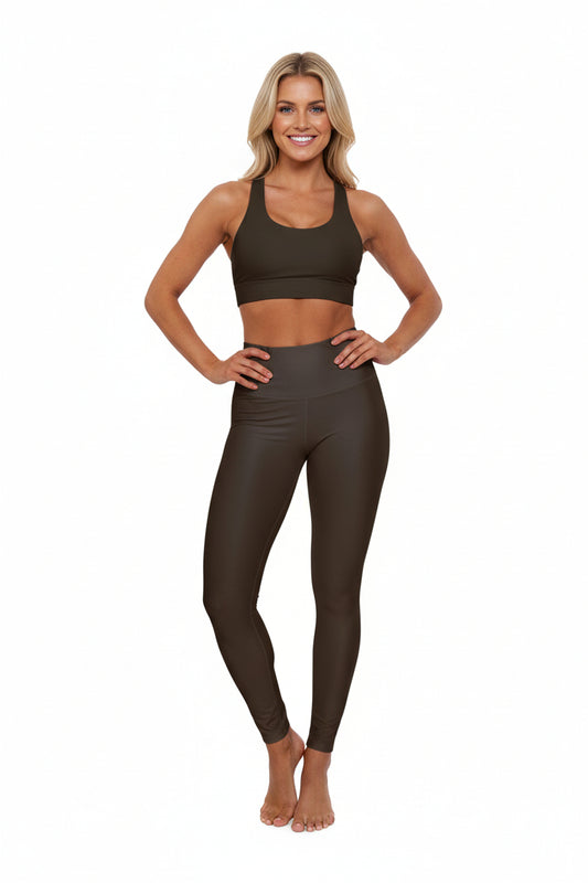 High-Waisted Dark Coffee Yoga Leggings Solid Dark Olive Women's Poly-Span Stretchy Athletic Pants for Yoga