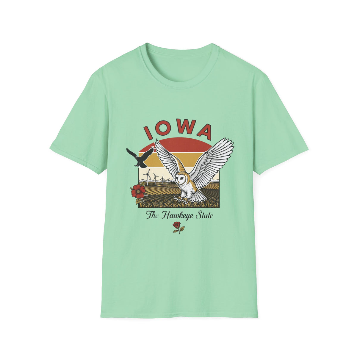 Iowa Barn Owl Tee — The Hawkeye State Vintage Sunset Tee Travel Tourist Graphic Design Unisex 100 Cotton Gildan T-Shirt