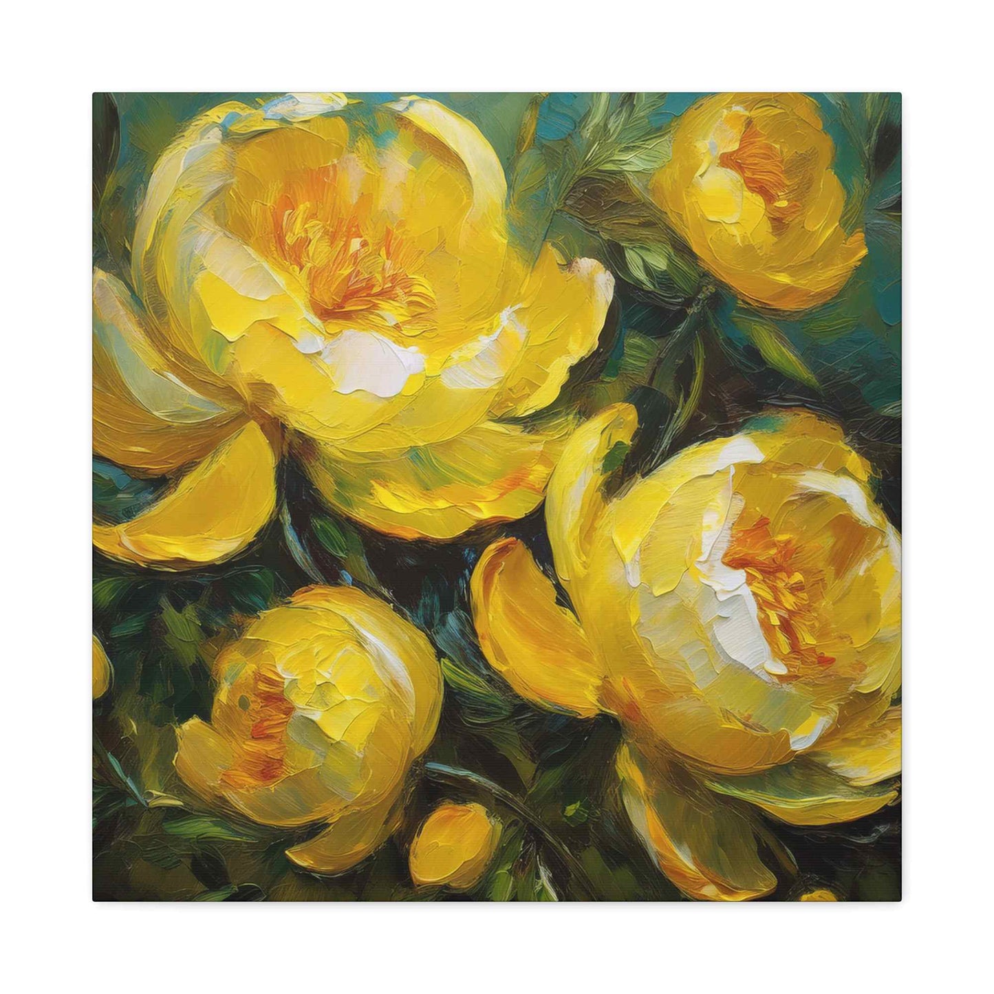 Yellow Peonies Print Canvas, Floral Oil Paint Print 20x20, 24x24, 30x30, 32x32, 36x36 Art Design Pine-Wood Inner Frame MC-122