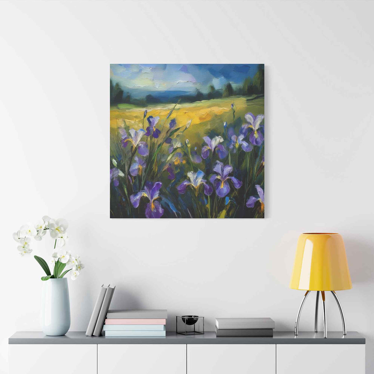 Irises Floral Print Canvas, Floral Oil Paint Print 20x20, 24x24, 30x30, 32x32, 36x36 Art Design Pine-Wood Inner Frame MC-182
