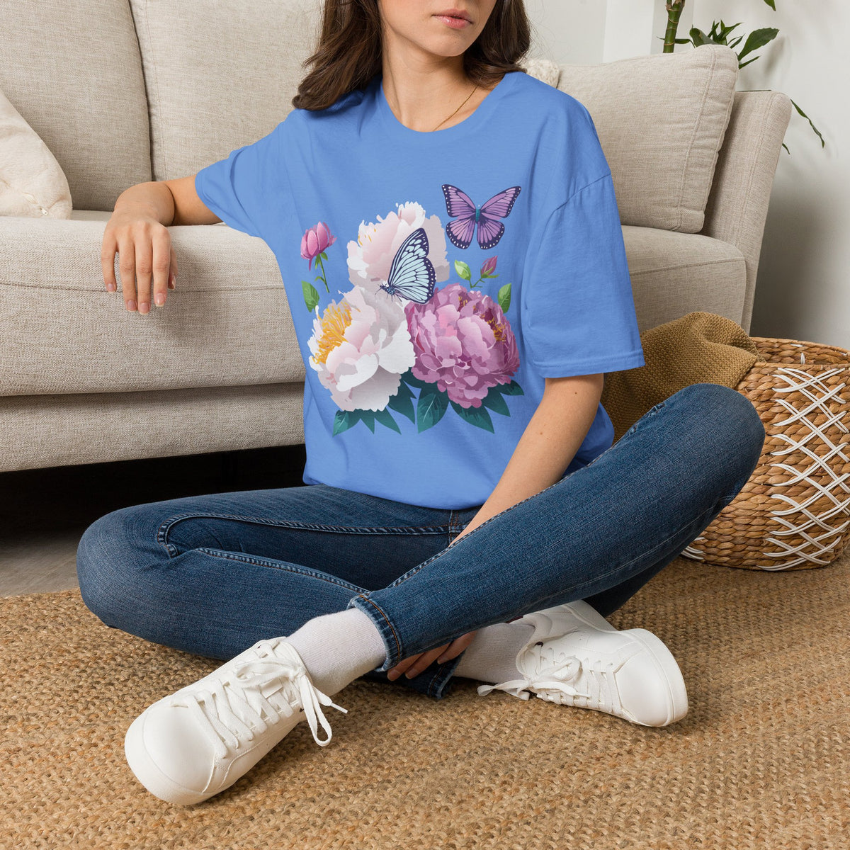 Floral Peonies & Butterflies T-Shirt — pastel garden tee for spring, Mother's Day Graphic Tee Unisex 100 Cotton Gildan T-Shirt