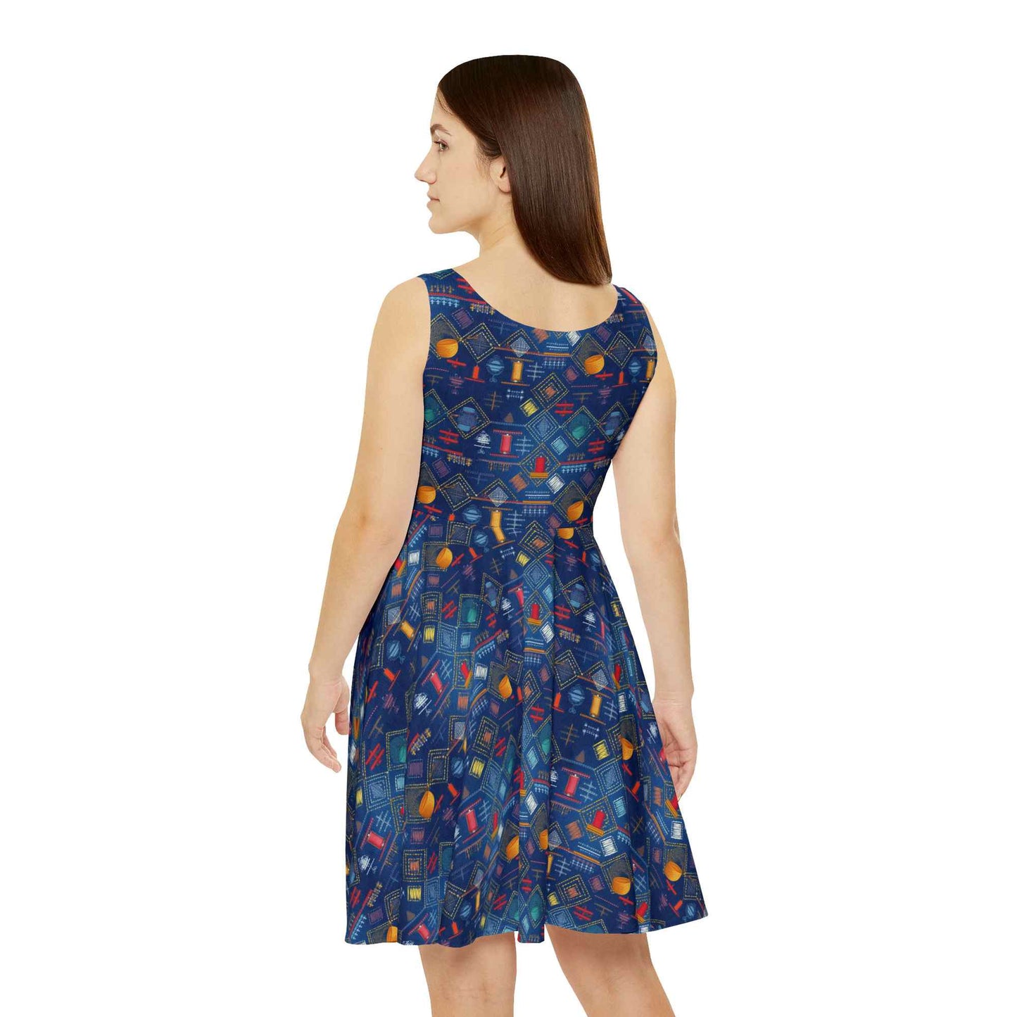 Women Diwali Denim Print Skater Dress, Denim Print Poly-Span Dress - 48