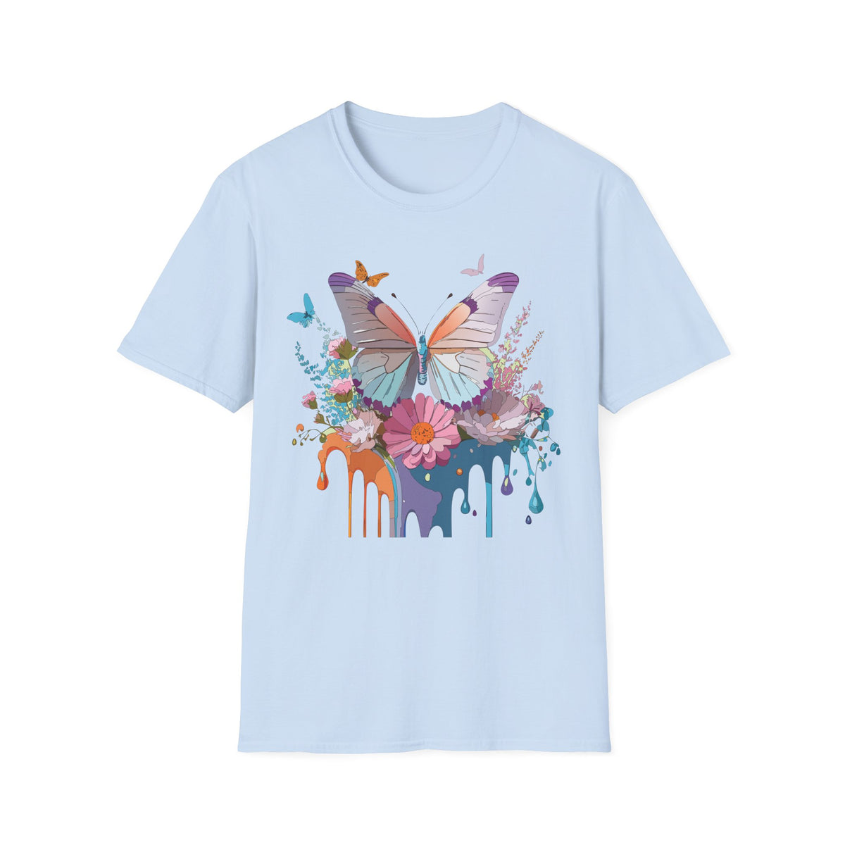 Butterfly Floral T-Shirt — Colorful Drip Art Garden Graphic Design Unisex 100 Cotton Gildan T-Shirt