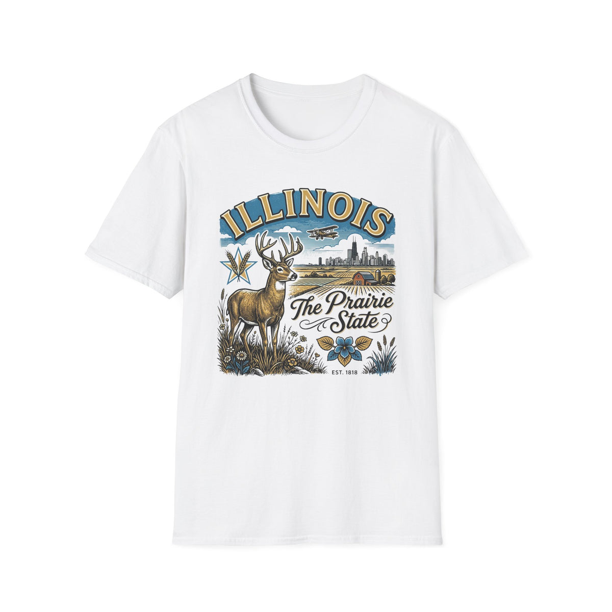 Illinois The Prairie State T-Shirt — Deer & Skyline Vintage Travel Tourist Graphic Tee Unisex 100 Cotton Gildan T-Shirt