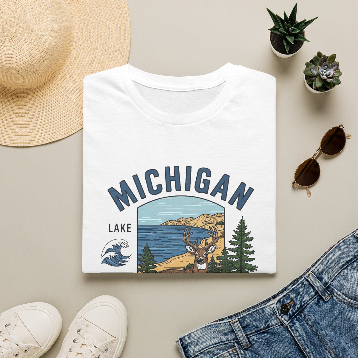 Michigan Graphic T-Shirt — The Great Lakes State Deer Lake Travel Tourist Graphic Design Unisex 100 Cotton Gildan T-Shirt
