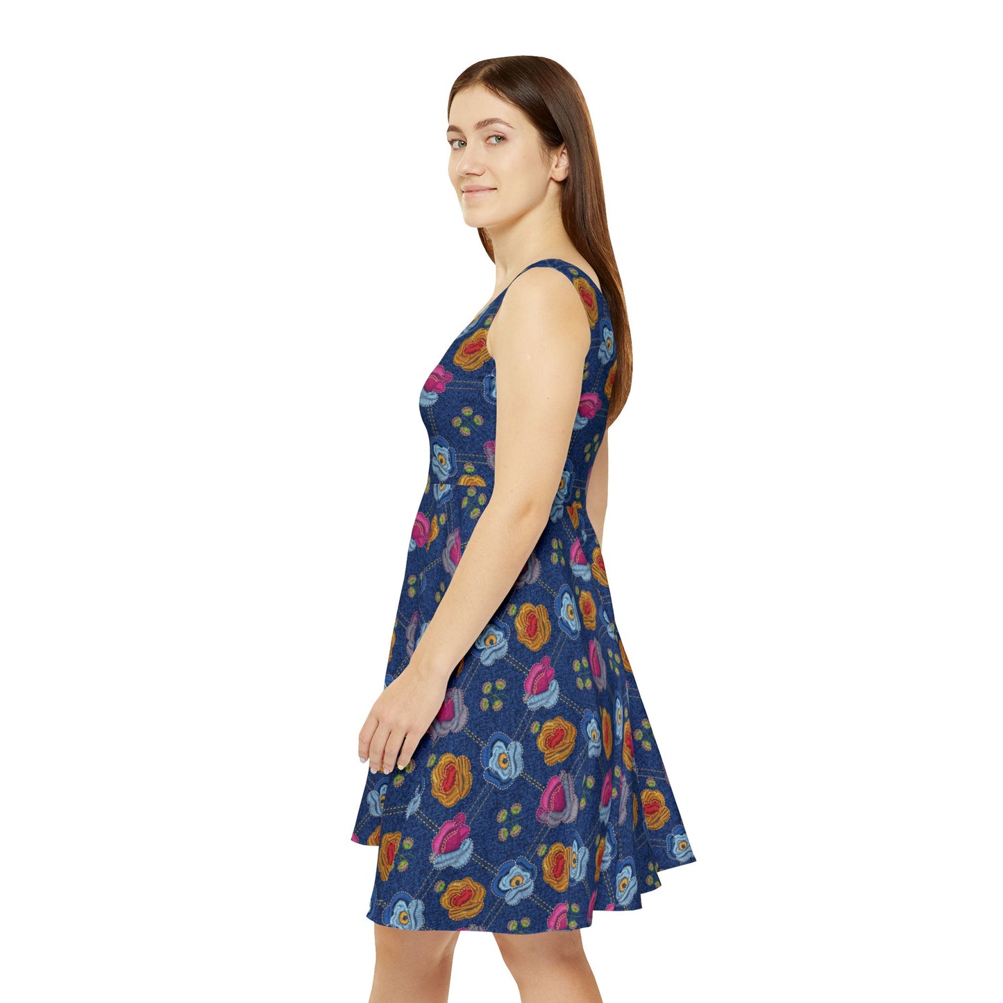 Women Floral Denim Print Skater Dress, Denim Print Poly-Span Dress - 39