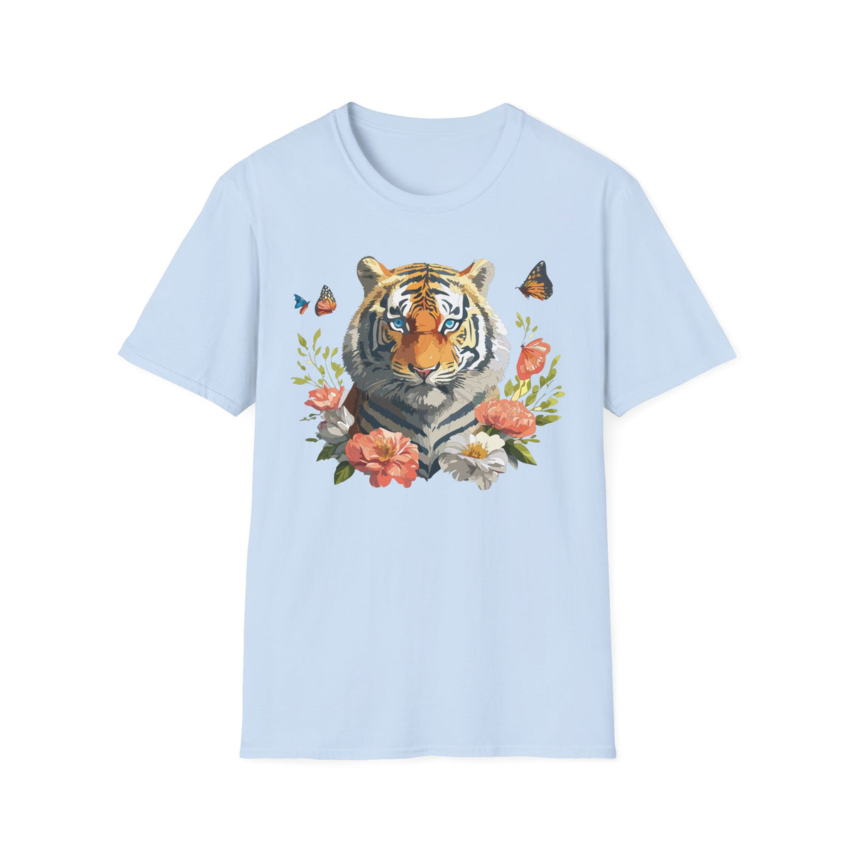 Floral Tiger Portrait T-Shirt | Watercolor Big Cat with Butterflies