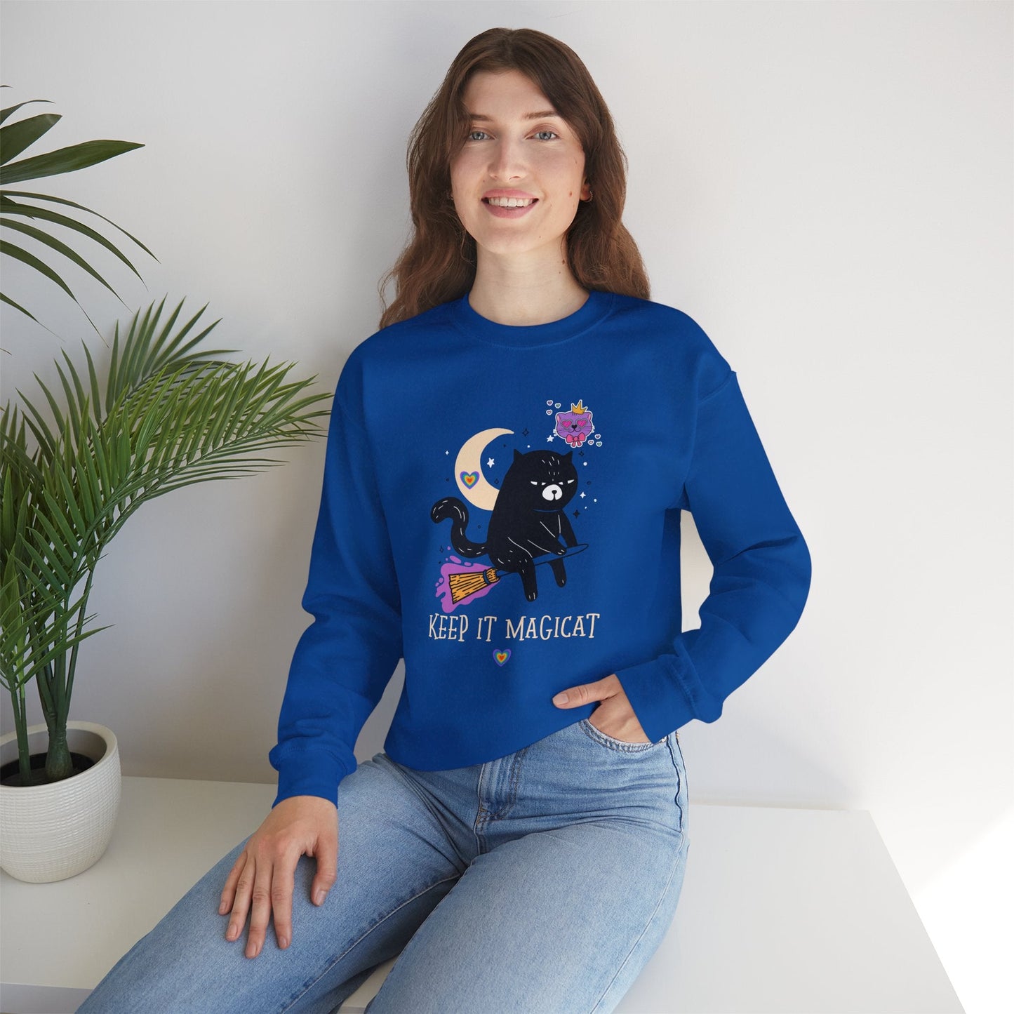 Flying Cat Heart Sweatshirt Unisex Fifty Fifty Cotton Poly Crewneck Gildan 18000 Valentines Day