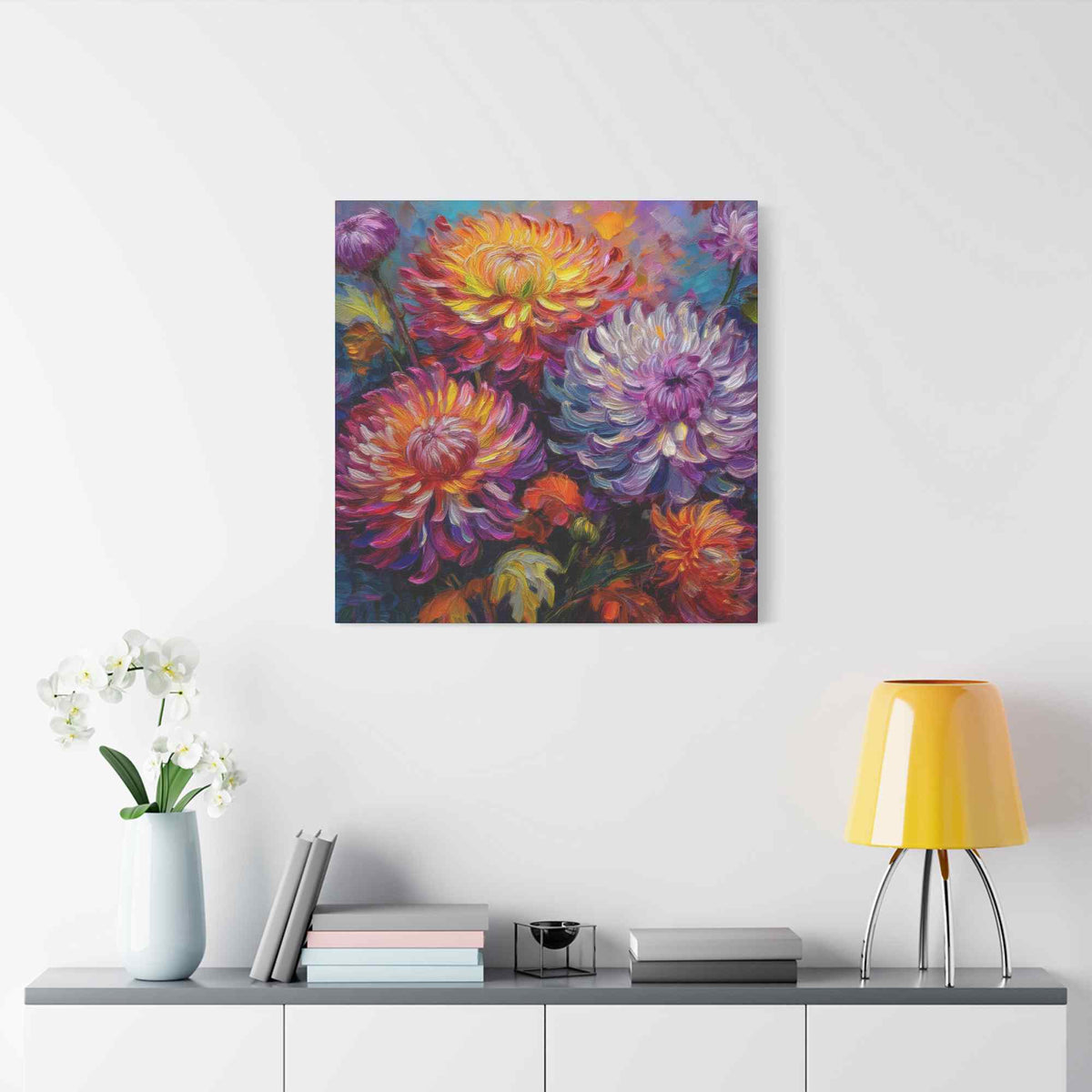 Chrysanthemums Print Canvas, Floral Oil Paint Print 20x20, 24x24, 30x30, 32x32, 36x36 Art Design Pine-Wood Inner Frame MC-158