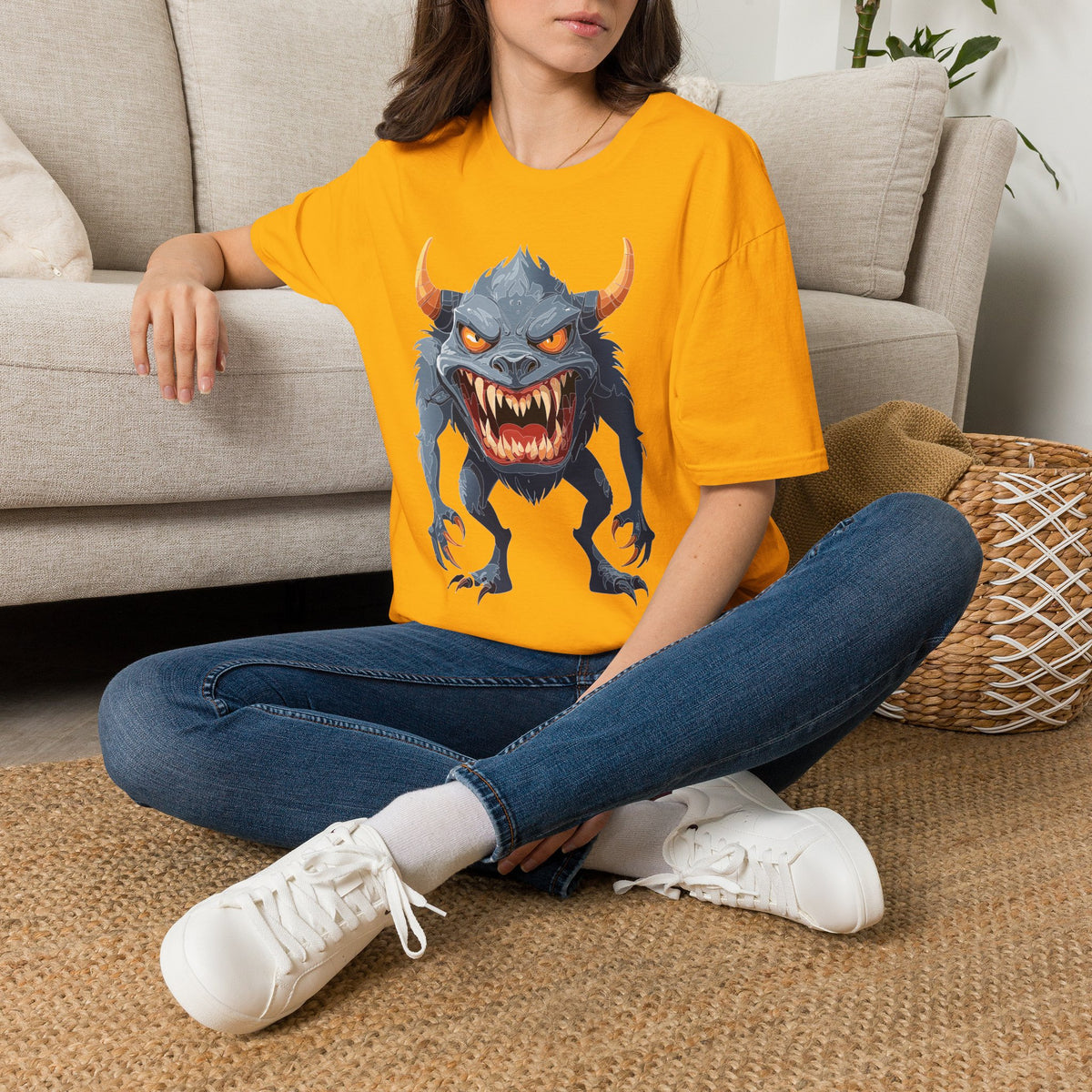 Demonic Monster Graphic T-Shirt — Fierce Horned Creature Cartoon Graphic Tee Unisex 100 Cotton Gildan T-Shirt