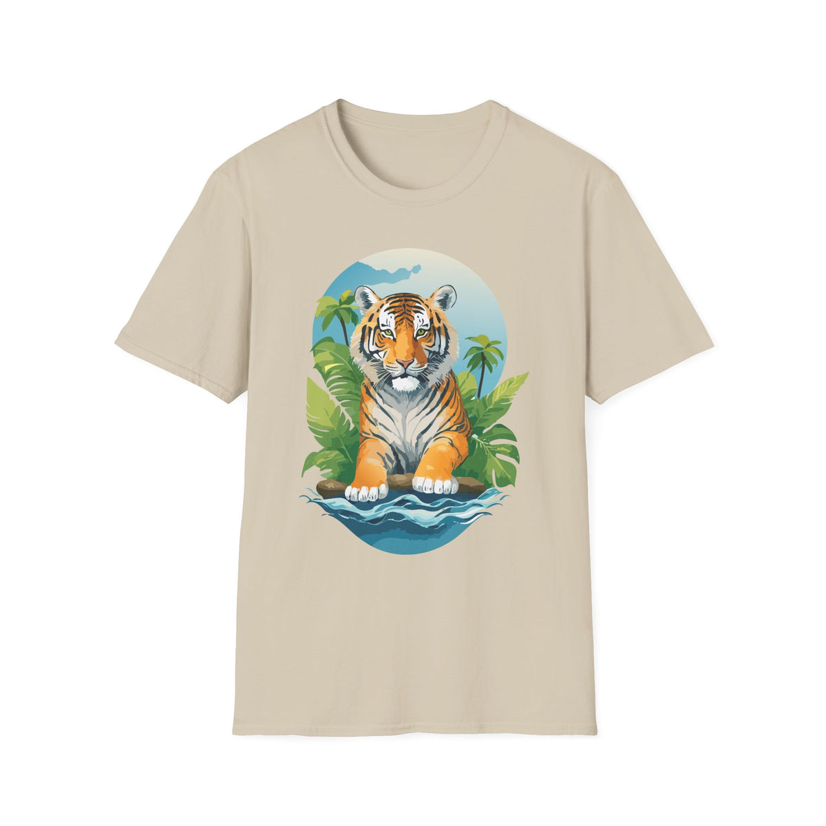 Tropical Tiger Illustration T-Shirt | Jungle Palm Sunset Tee