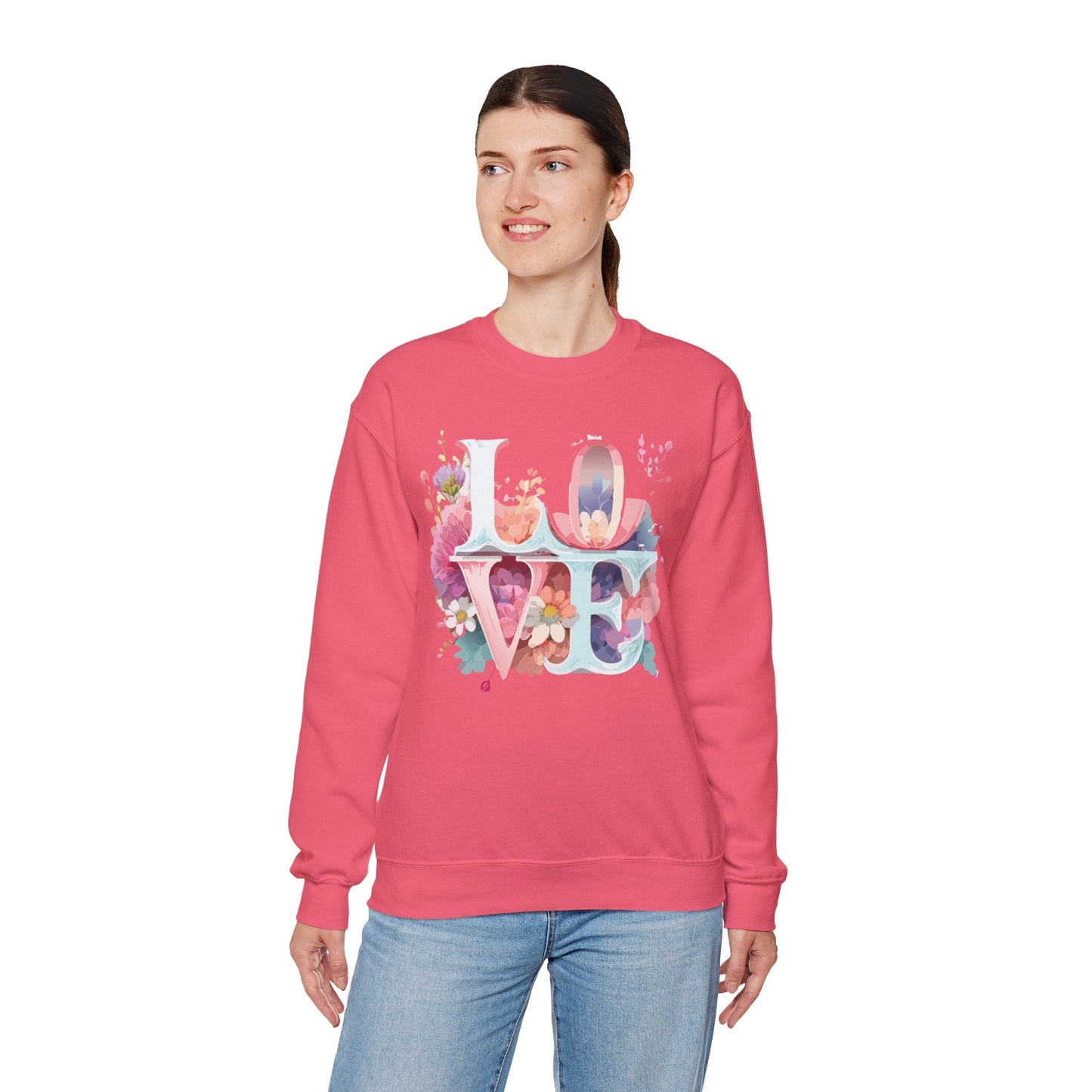 Floral Love Sweatshirt Valentines Day Flower Print Unisex Crewneck Heavy Blend Cotton Polyester