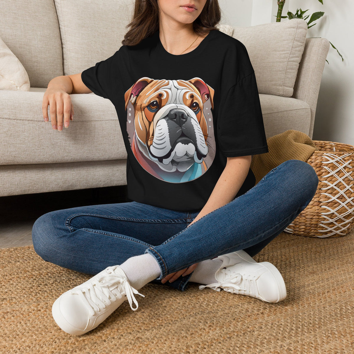 Bulldog Graphic T-Shirt — Colorful English Bulldog Portrait Graphic Design Unisex 100 Cotton Gildan T-Shirt